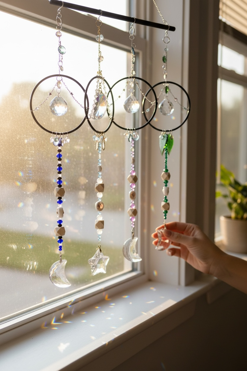 A person hanging a decorative hanging ornament with beads and crystal shapes in front of a window.