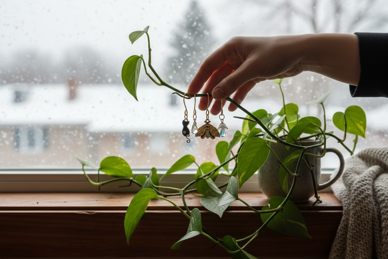 A hand hanging decorative earrings from a potted houseplant on a windowsill with snow outside.