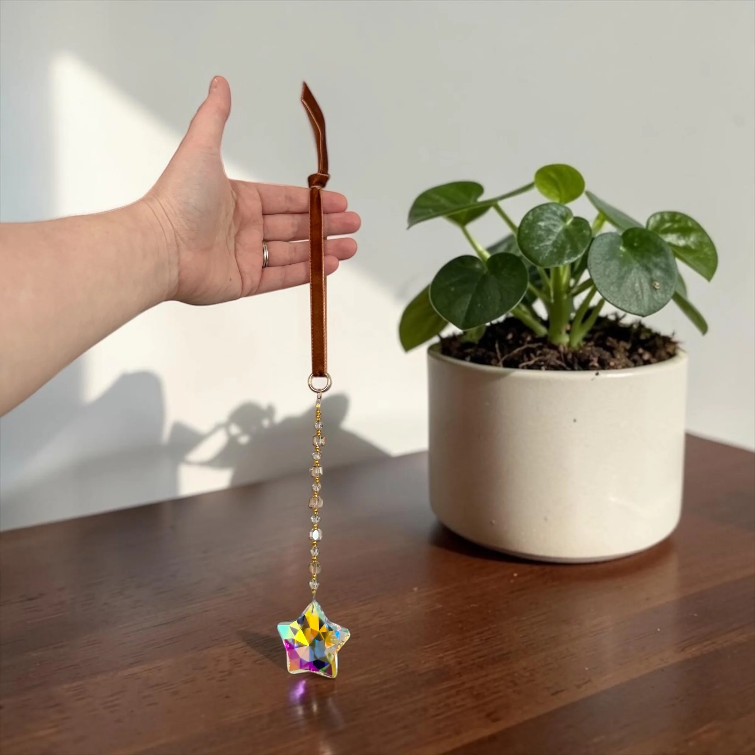 Star Crystal Suncatcher with Velvet Ribbon