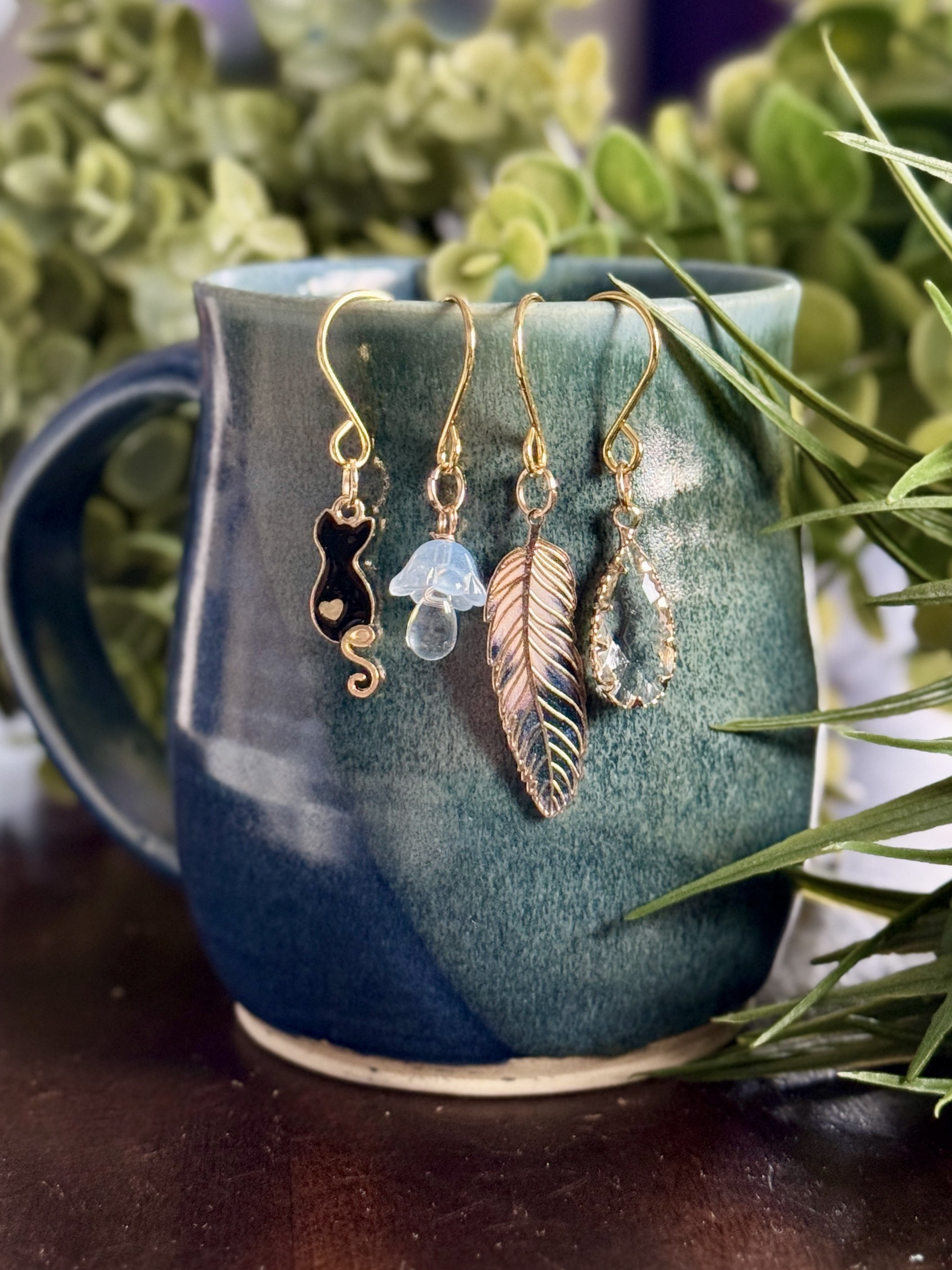 Black cat + feather + mushroom + crystal plant charms