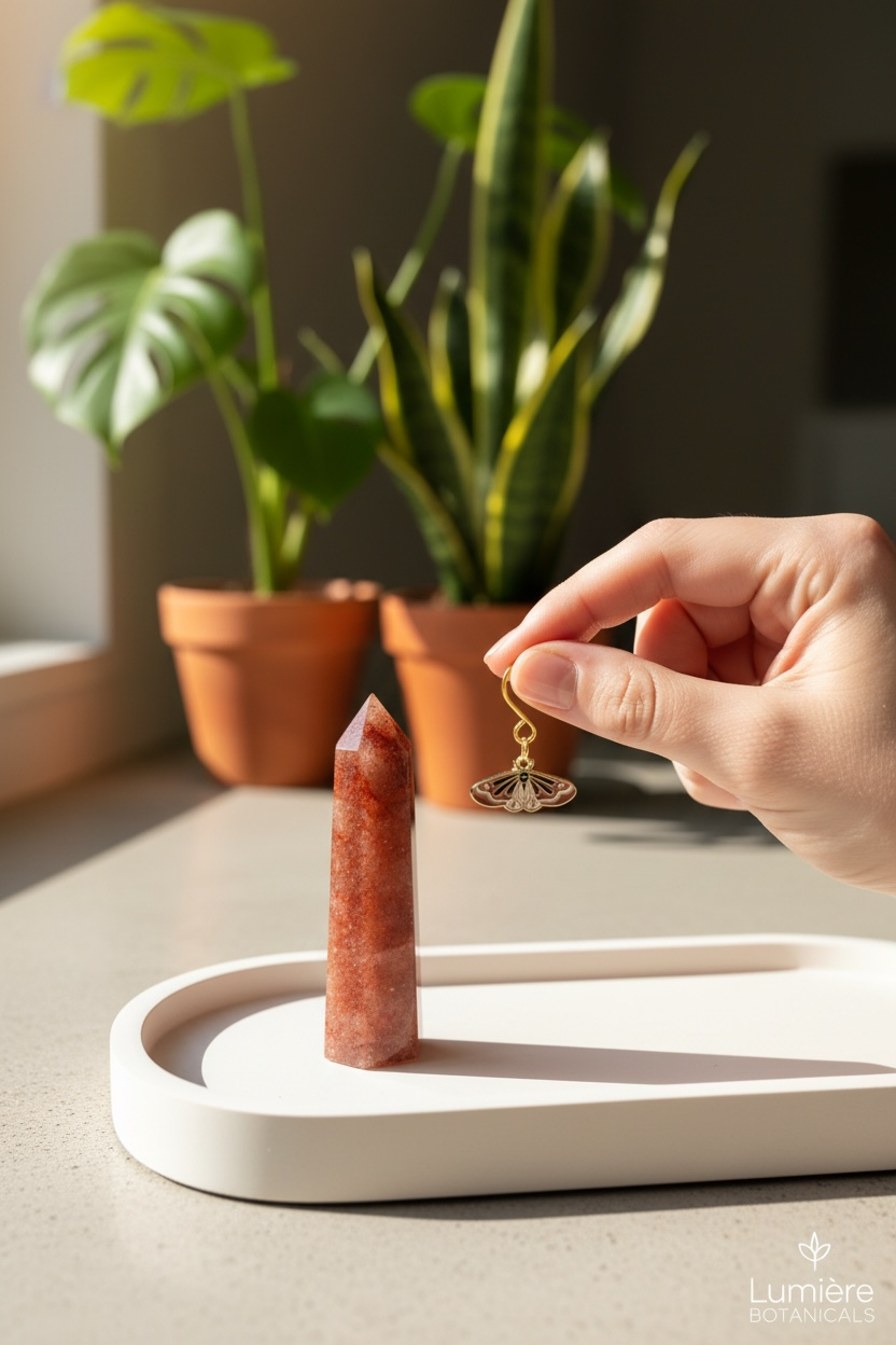Fire Quartz (Strawberry Quartz) + Moth Plant Charm Set