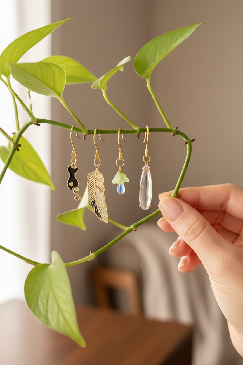 Plant Charm Set- Black cat, green mushroom, green feather