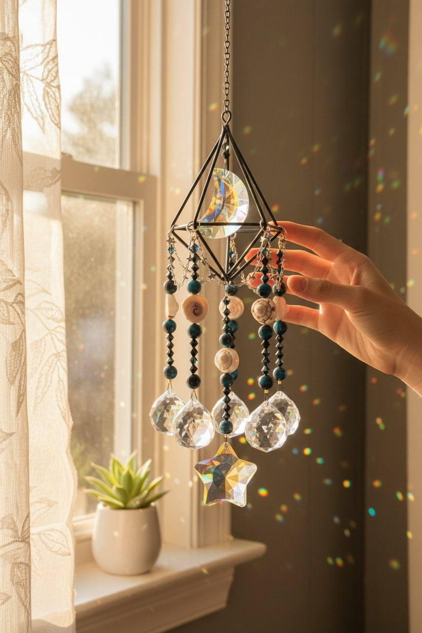 Person holding a decorative sun catcher with beads, crystal accents, and a star-shaped prism in front of a window during daylight.