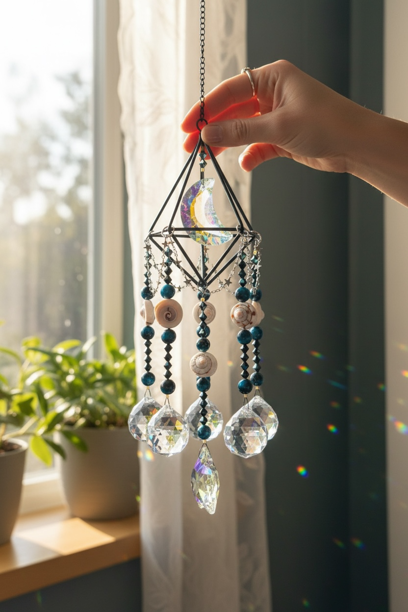 A hand holding a decorative hanging ornament with beads, crystals, and a crescent moon, illuminated by sunlight near a window with potted plants in the background.
