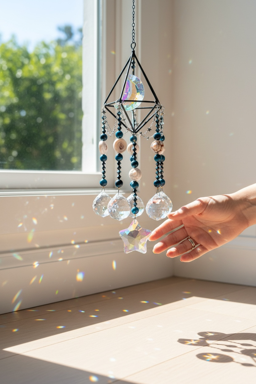 A decorative hanging ornament with crystals and beads hanging near a window, casting colorful reflections on a light-colored surface.