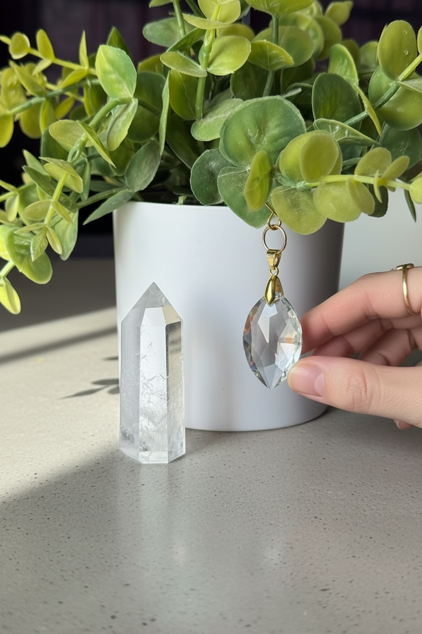 Clear Quartz Point + Moth Plant Charm Set