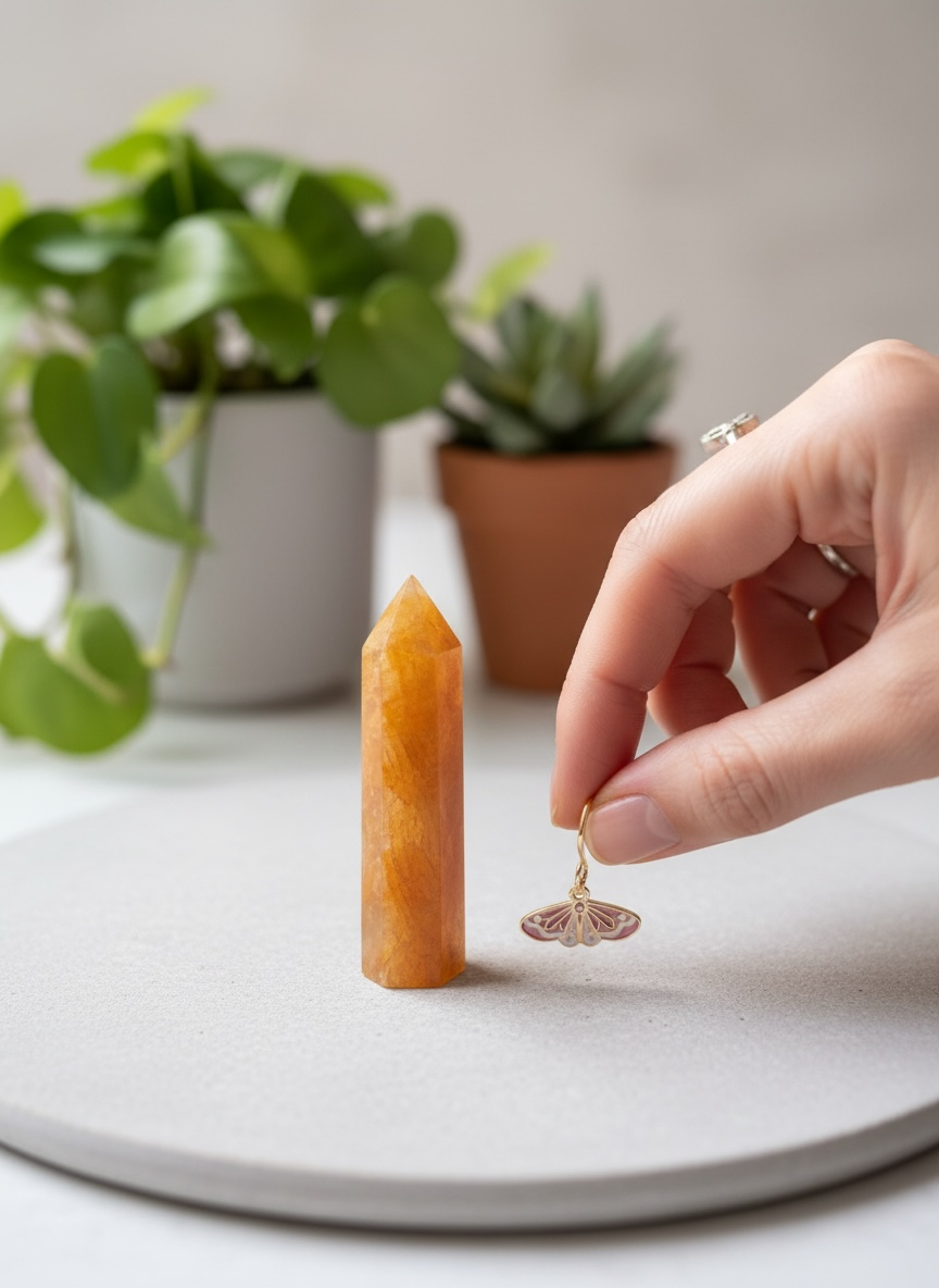 Golden Healer Quartz + Moth Plant Charm Set