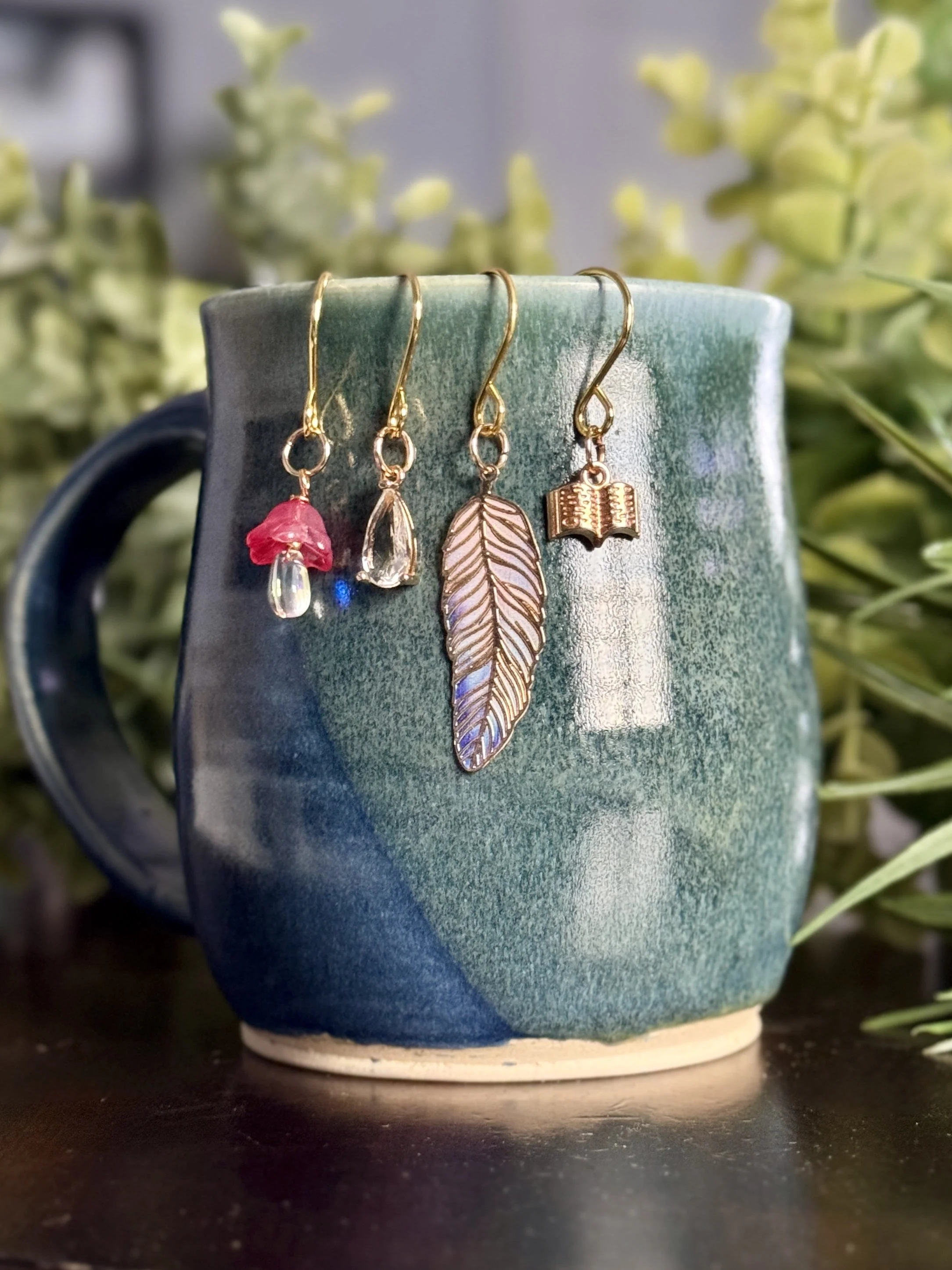 pink mushroom + book + feather + crystal plant charms