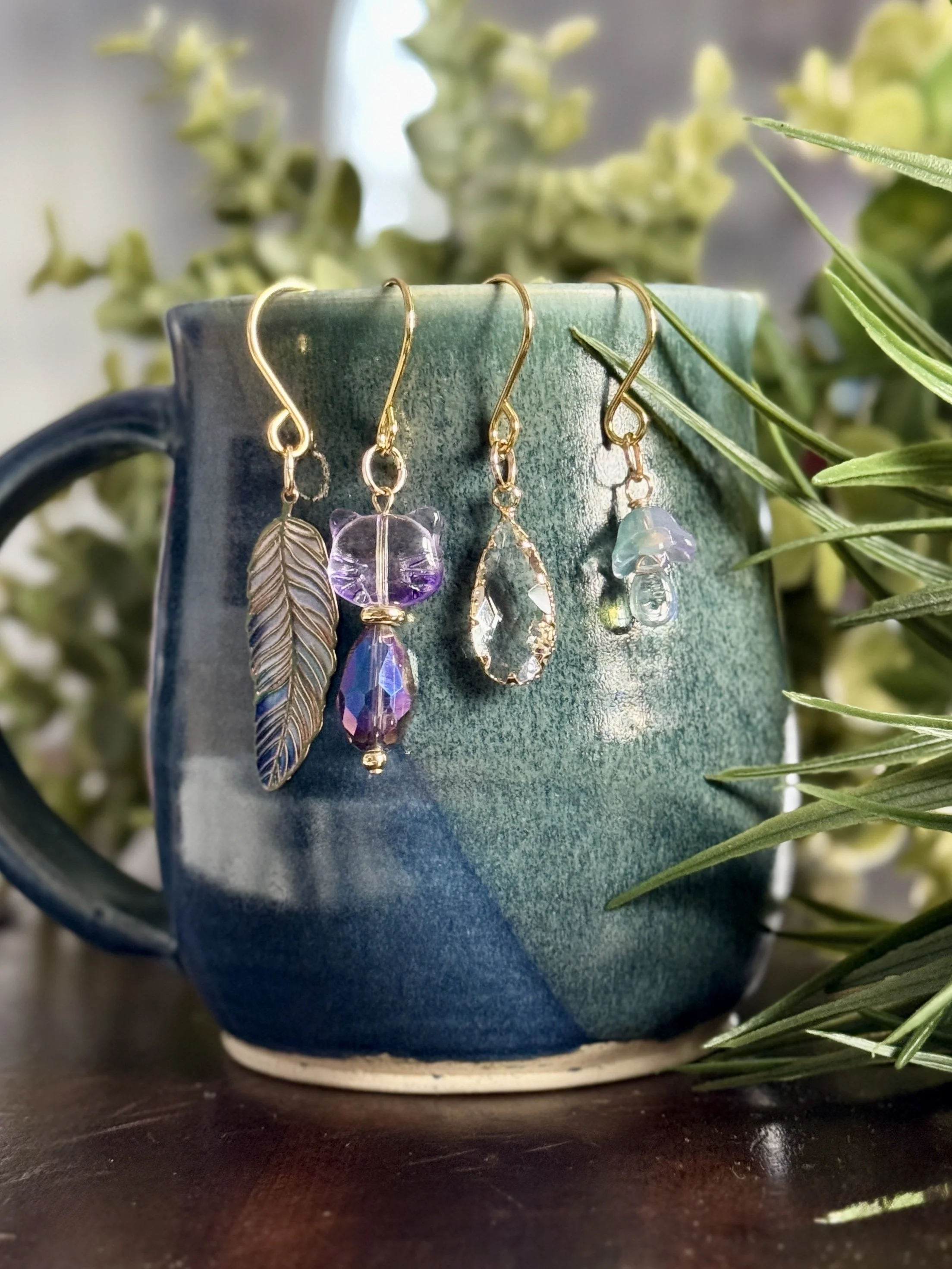 Purple cat + lavender mushroom + feather + crystal plant charms