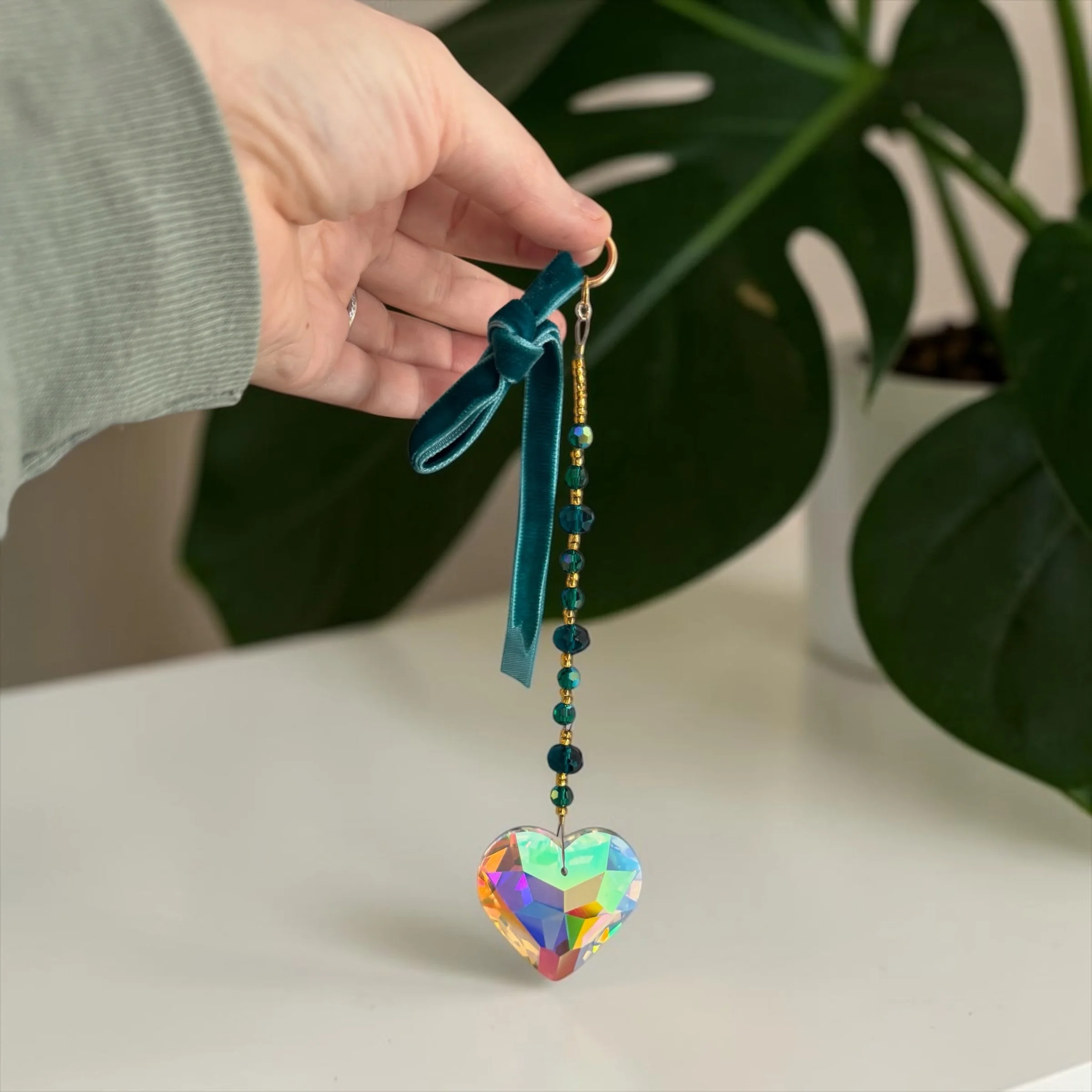 Heart Crystal Suncatcher with Velvet Ribbon