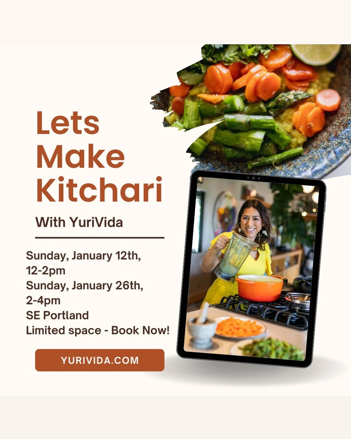 The Art of Cooking Healing Kitchari
An Ayurvedic Cooking Workshop
Sunday, January 12th and Sunday January 26th 2025
2:00 PM - 4:00 PM
Join us for an intimate cooking class where you&rsquo;ll learn to prepare Kitchari, the cornerstone of Ayurvedic nut