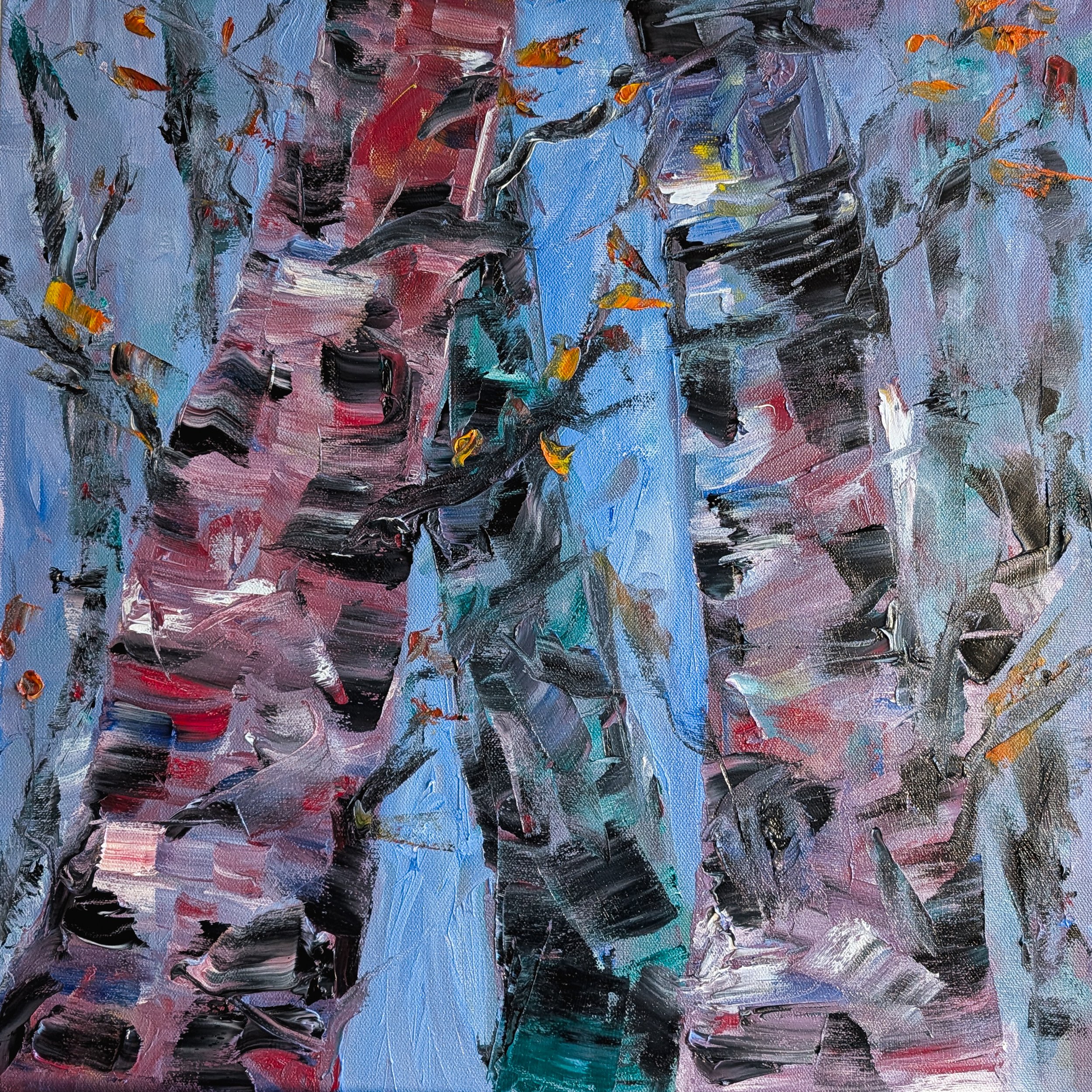 birch trees in winter oil paintintg by lavinia ainsel