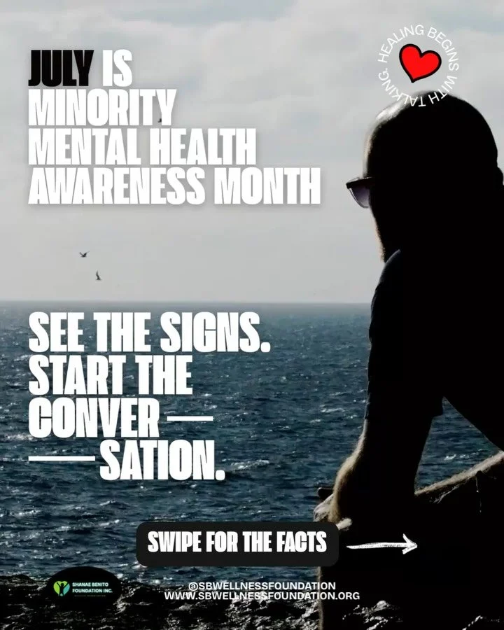July is Minority Mental Health Month 💚 Let&rsquo;s break the stigma surrounding mental health in our communities! Your emotions are valid, and it&rsquo;s okay to seek help. Find safe spaces to express yourself, process your feelings, and connect wit