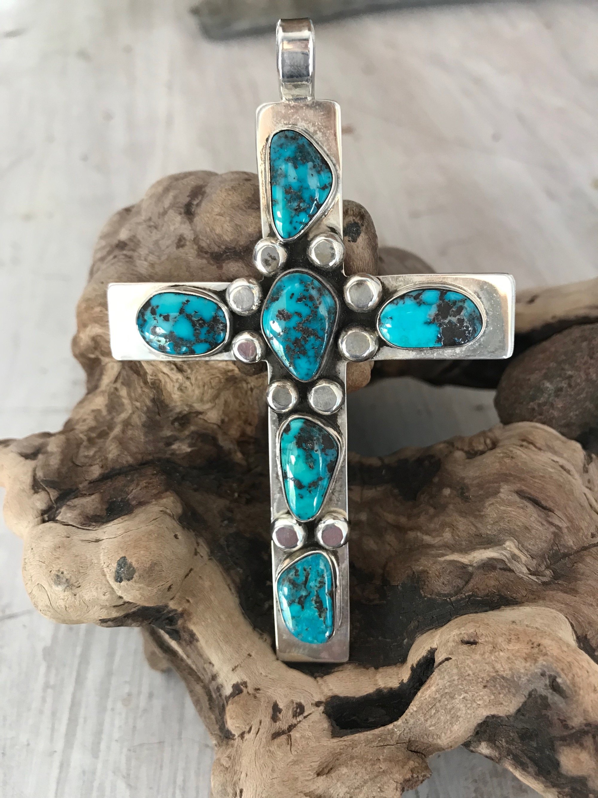 Large Kingman Turquoise And Sterling Silver Cross