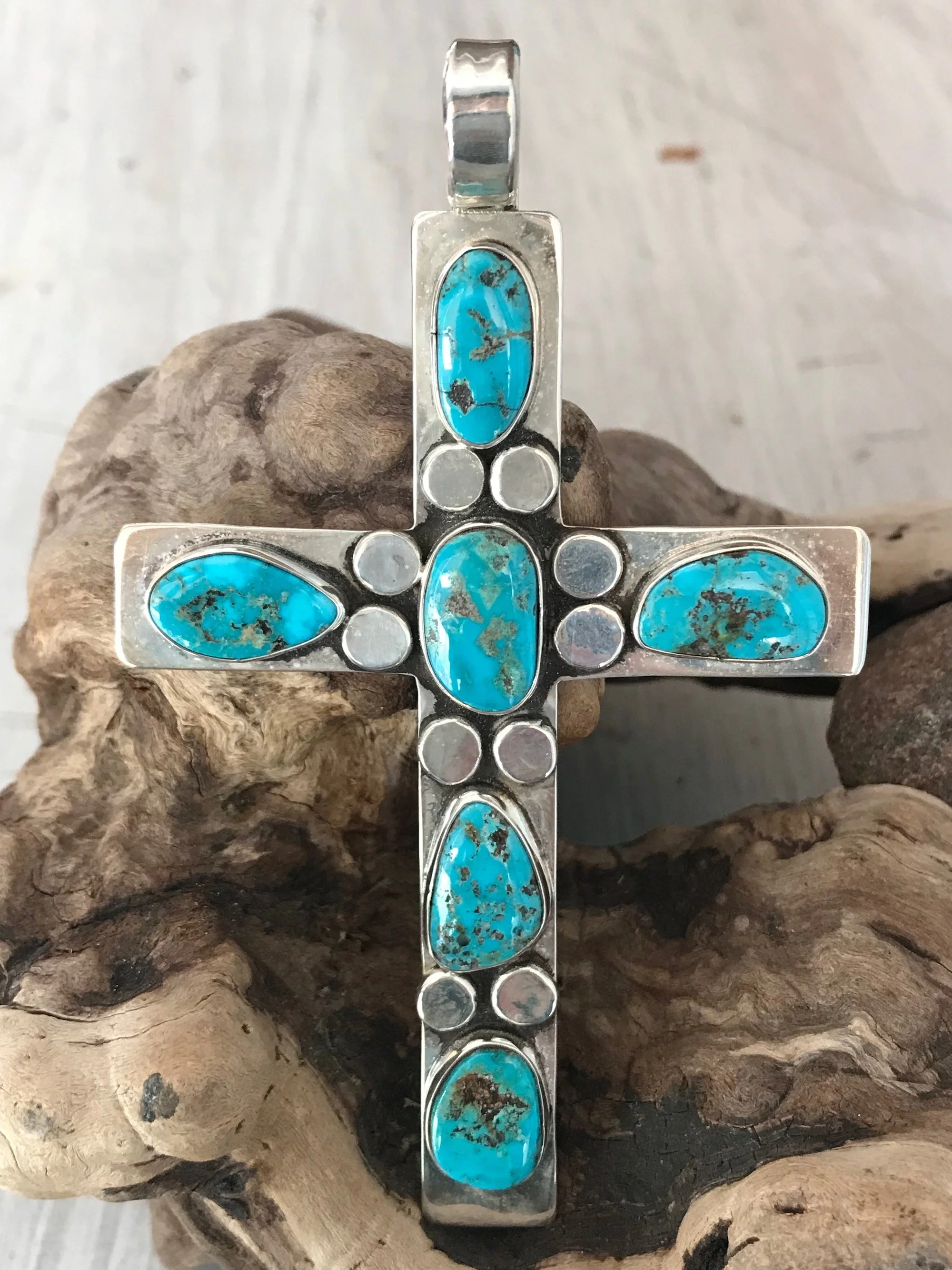 Large Kingman Turquoise And Sterling Silver Cross