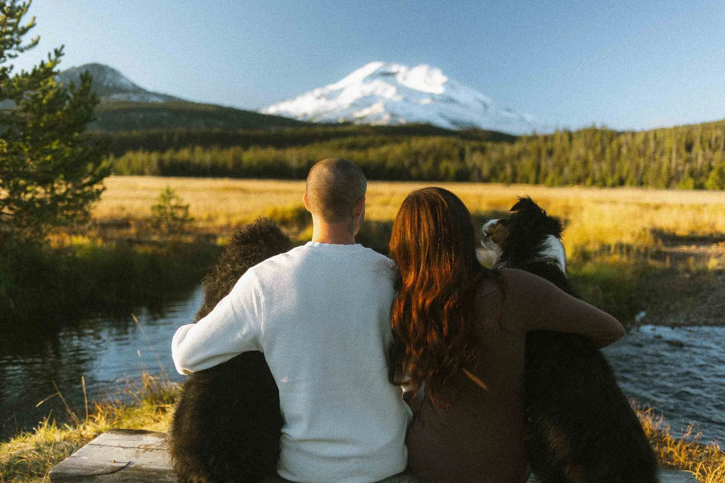 A group of people, including a dog, sitting on a bench and enjoying a scenic view of a snow-capped mountain, trees, and a river in the background.