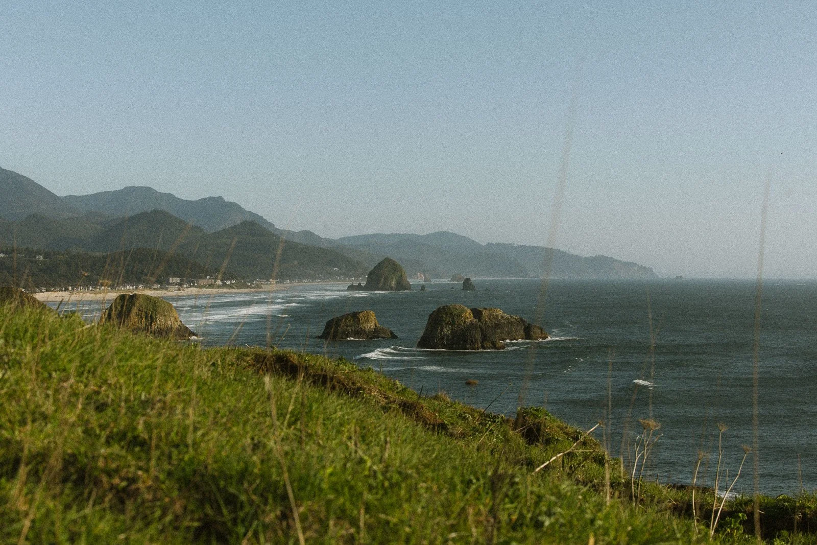 A scenic coastal view with rocky formations in the ocean, green grassy cliffs in the foreground, and a mountain range in the background under a clear sky.