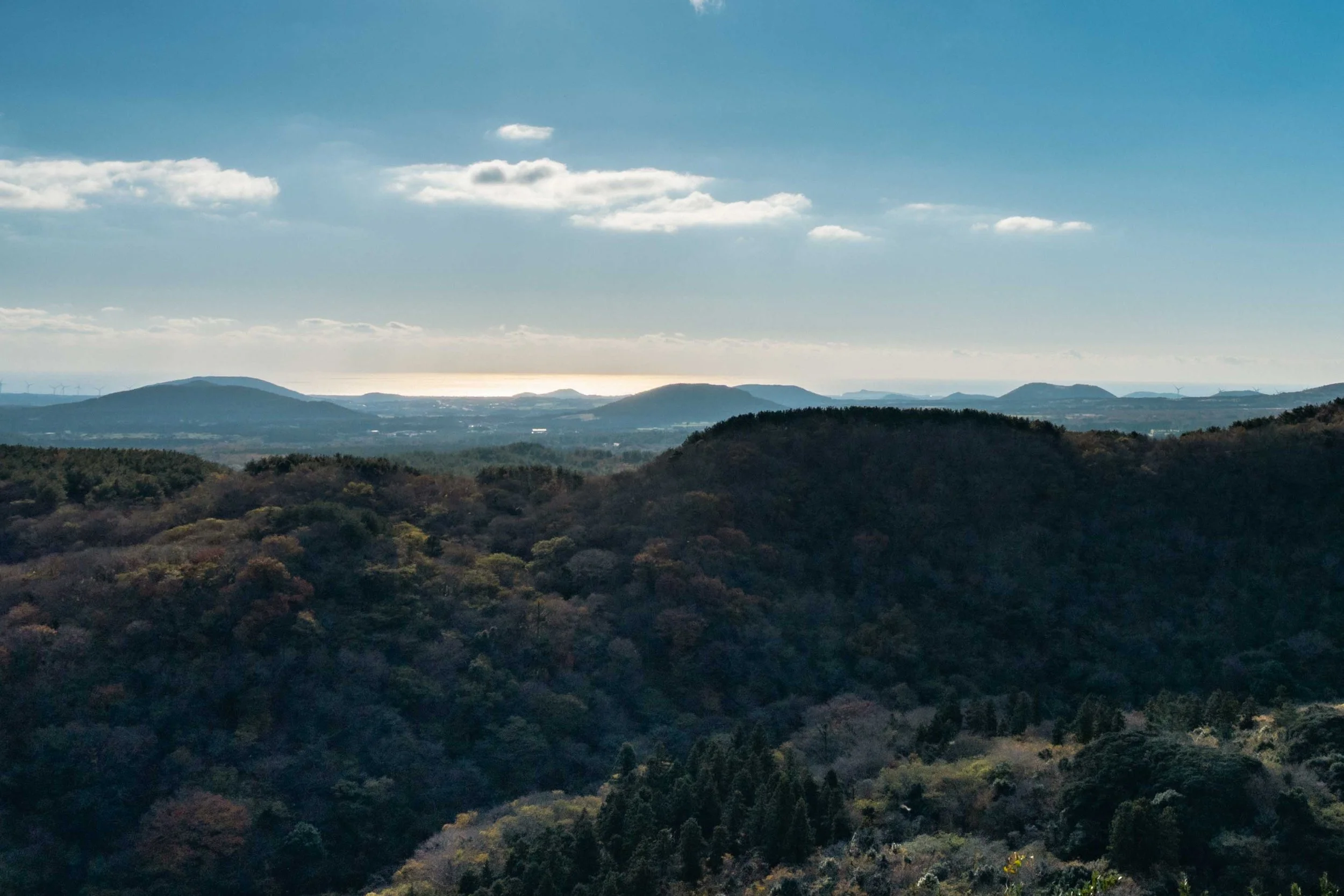 A scenic view over the volcanic landscape of Geomun Oreum on Jeju Island.