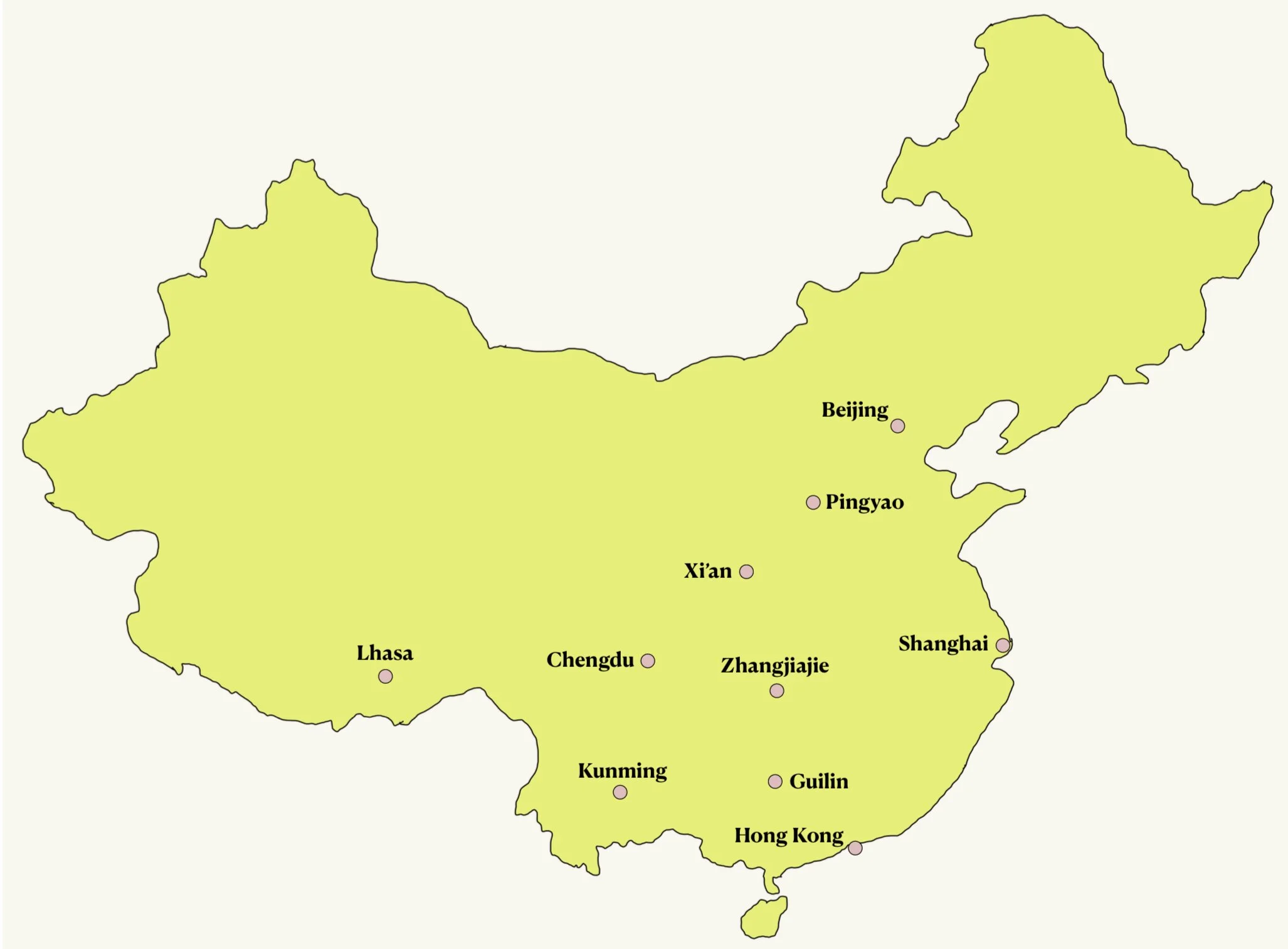 Map of China with important tourist destinations like Beijing and Shanghai.