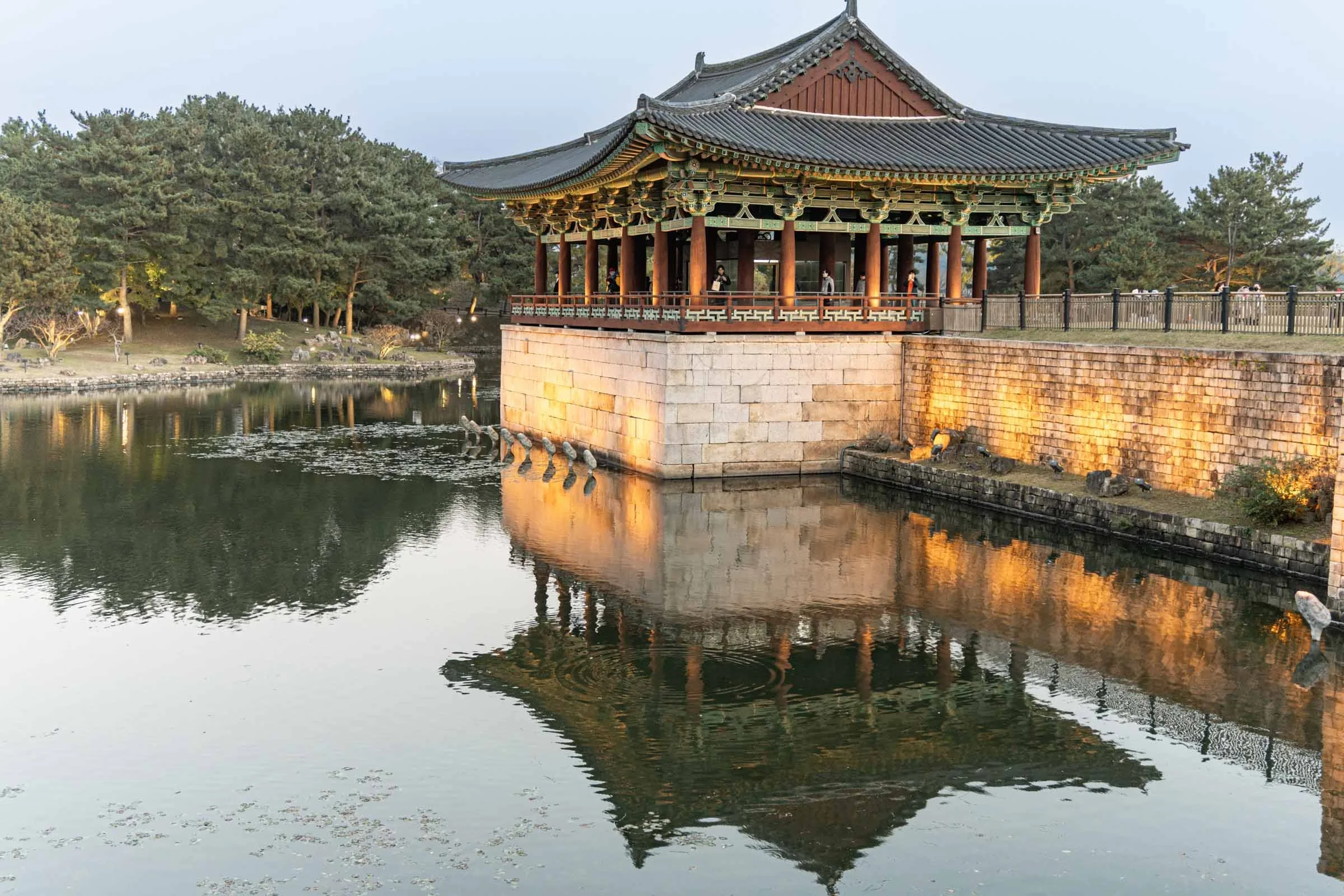 Traditional Korean Wolji Palace with reflection in the pond in Gyeongju.