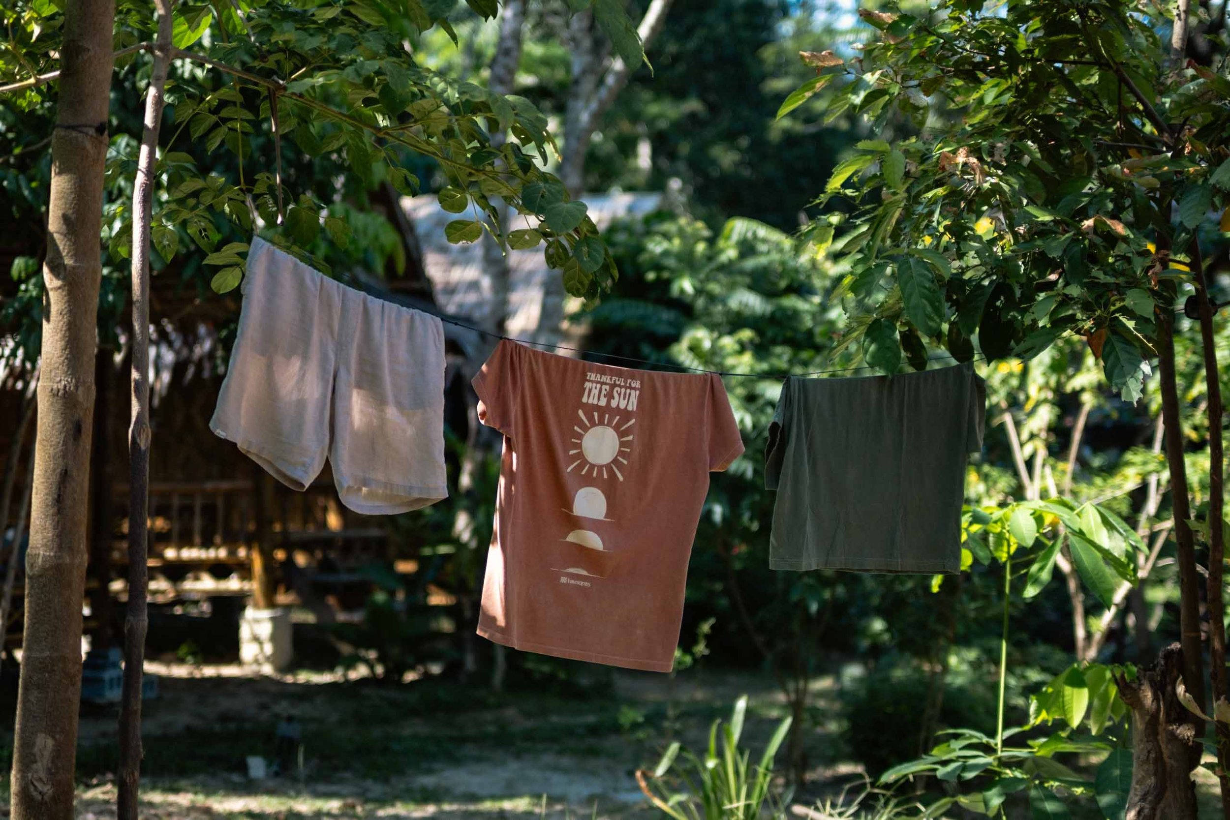 Laundry hanging on a clothes line in a garden for sustainable air drying.