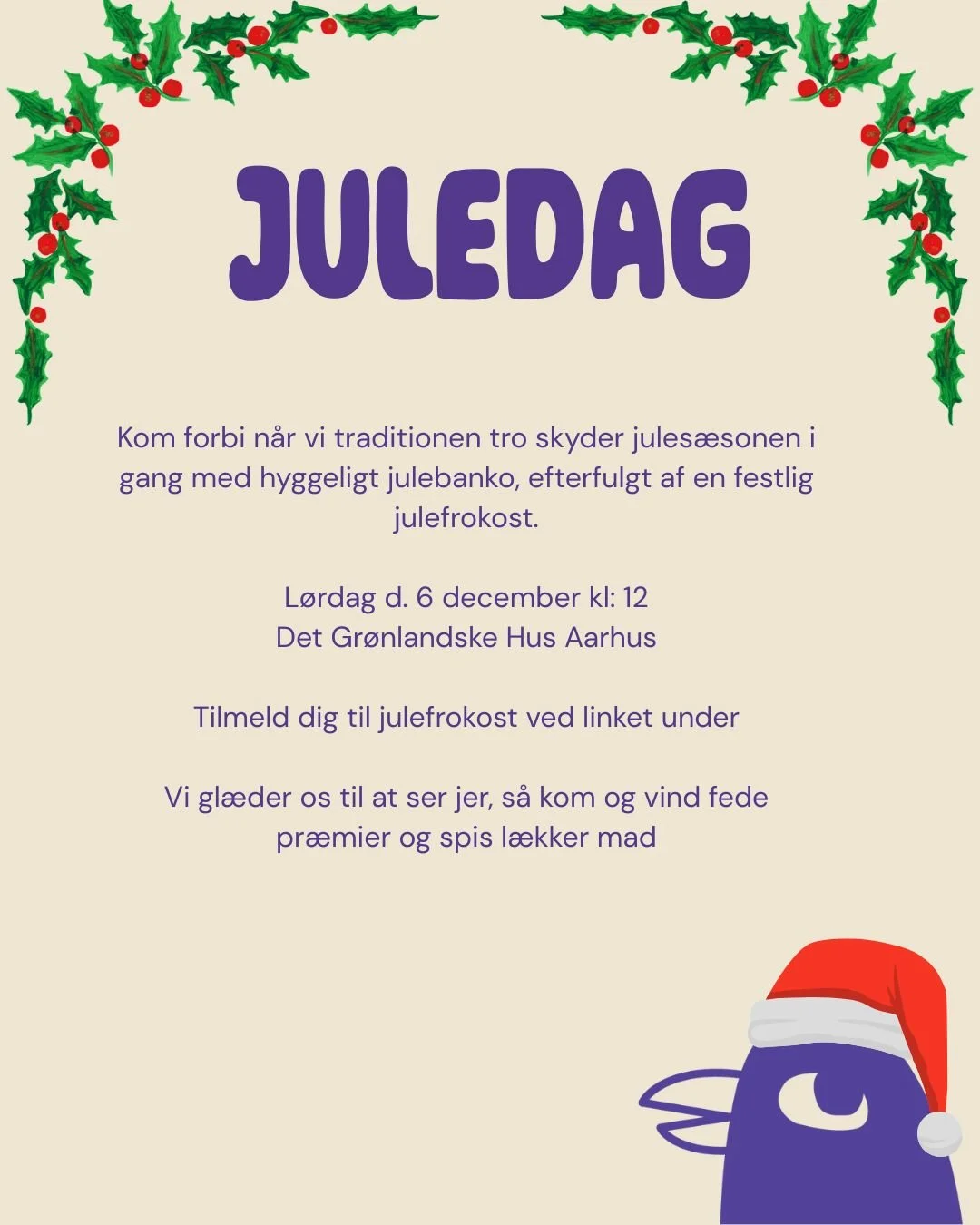 Tilmelding til julefrokost via flgn. link: 
https://avalakaarhus.nemtilmeld.dk/33/ 

Takuss <3