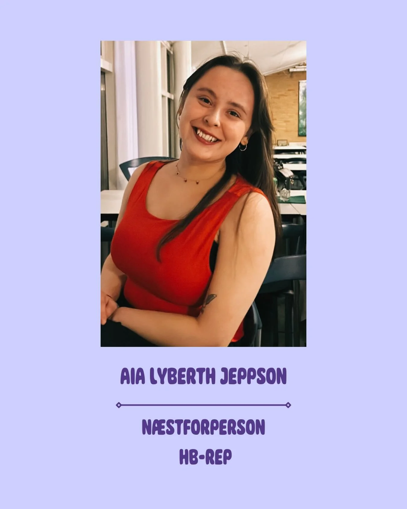 M&oslash;d vores nye n&aelig;stforperson og Hovedbestyrelses-repr&aelig;sentant @aia_jeppson 💜

Post: N&aelig;stformand🕺
Studie: Amerikanske studier 🇺🇸
Hjemsted/by: Nuuk🇬🇱
Hvorfor jeg er med i Avalak: for at v&aelig;re med til at skabe et forum