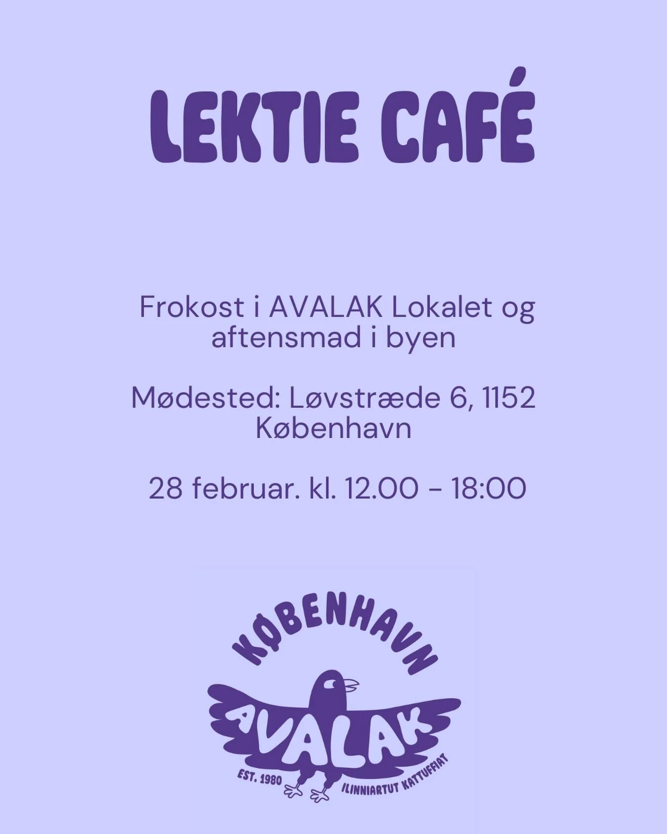 28-ni februar Avalak allaffeeraani ilinniakkerissamaarpugut ullup qeqqasiuutigaluta, kingornalu unnukkorsioqatigiilluta akeqanngilaq 🥰

L&oslash;rdag den 28. Februar arrangerer vi lektiecafe i Avalaks kontor. Der kommer til at v&aelig;re frokost med