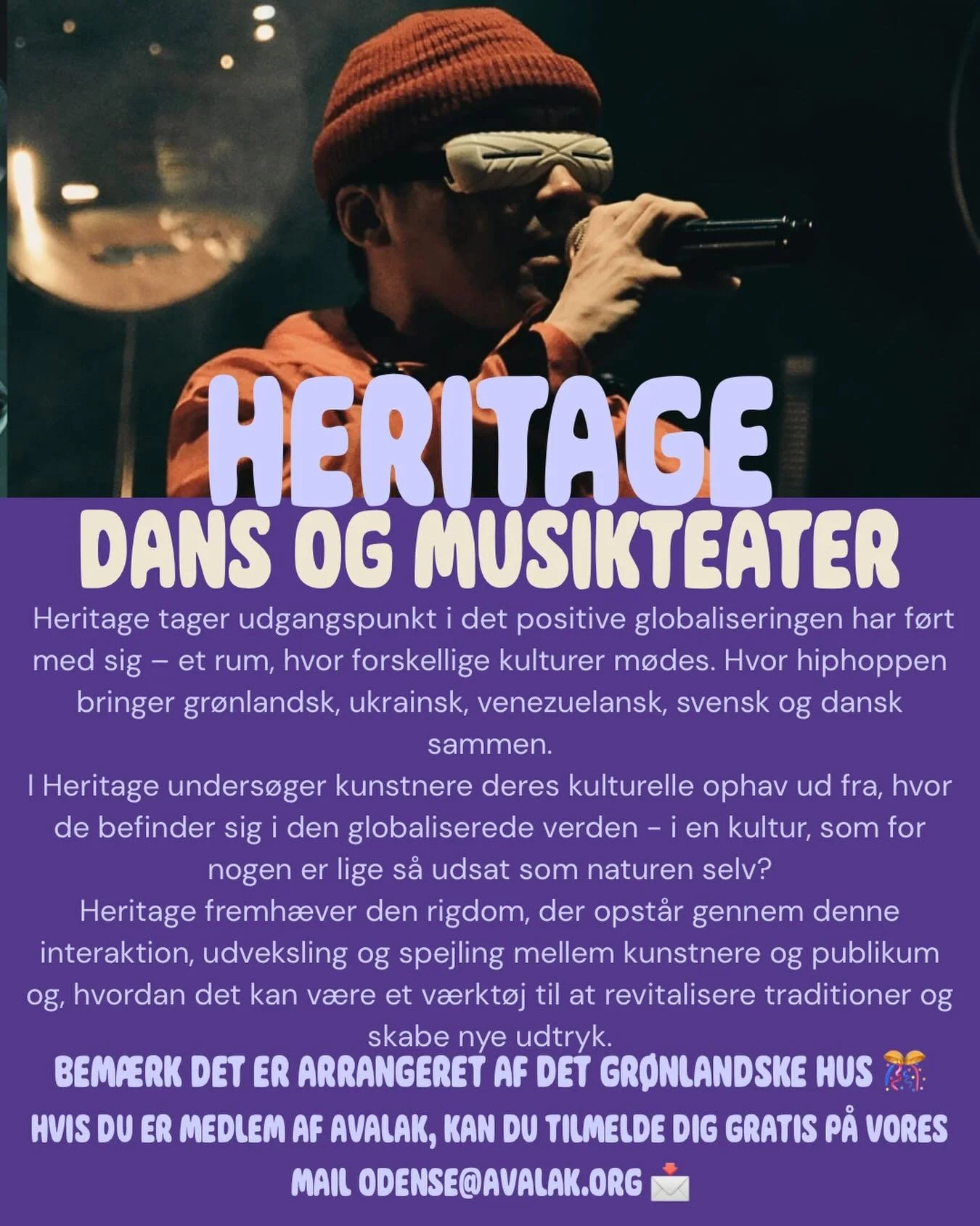 Kom og se dans og musikteater arrangeret af Det Gr&oslash;nlandske Hus i den Nordatlantiske Hus p&aring; 📍Nordatlantisk Promenade 1, Odense 🕺🏻

Hvis du er medlem kan du tilmelde dig gratis p&aring; vores mail 🤩 odense@avalak.org 📩