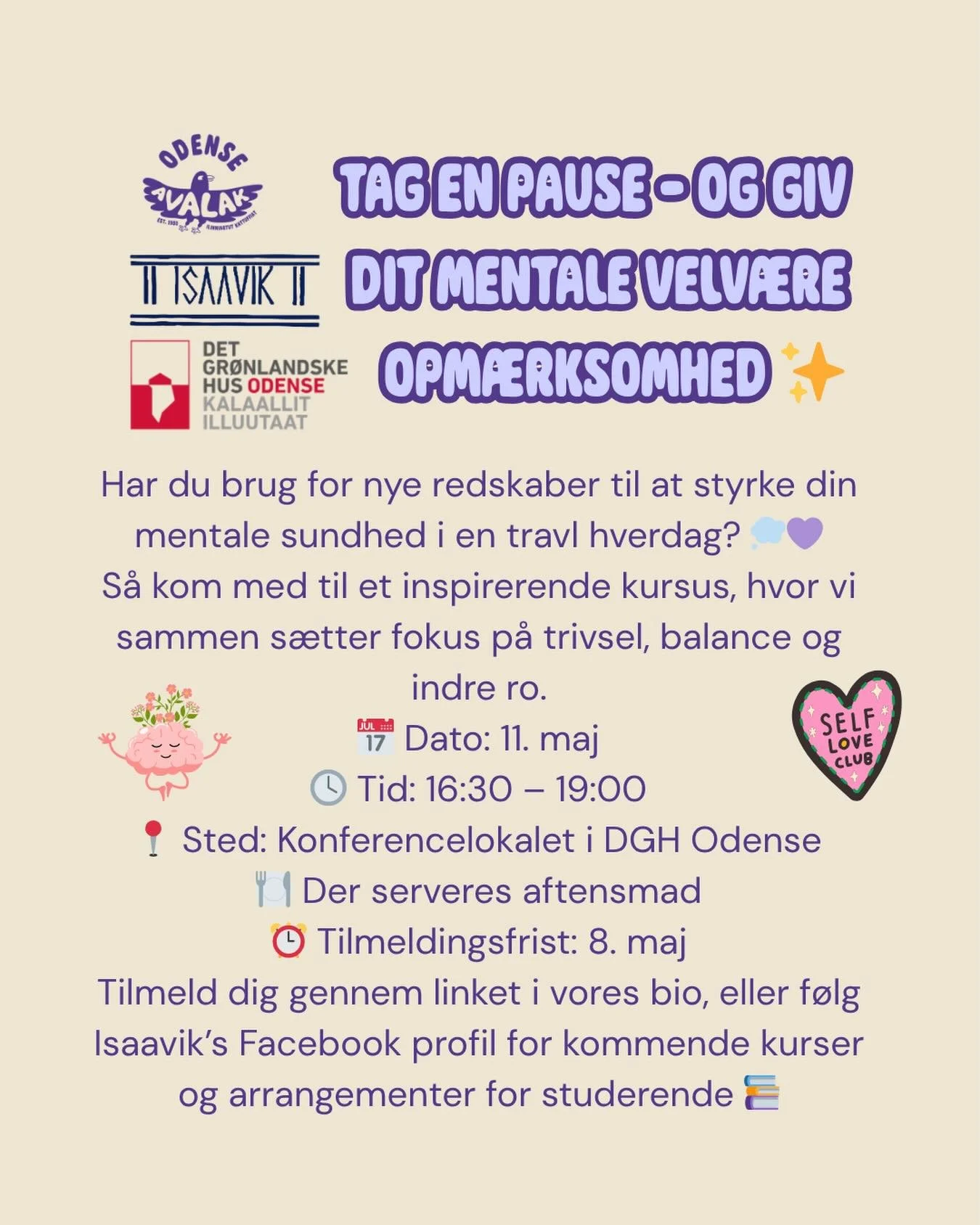 Tarnikkut peqqissuseq pillugu pikkorissarniarpugut @isaavik_dgh aamma @dgh_odense suleqatigalugit ✨💜🧘&zwj;♀️

📅Qaqugu: Maajip 11-ani nal.:16:30-19:00
📍Sumi: Odense Kalaallit Illuutaani ataatsimiittarfimmi
Takkunnissamut nalunaarfissaq kingulleq: 