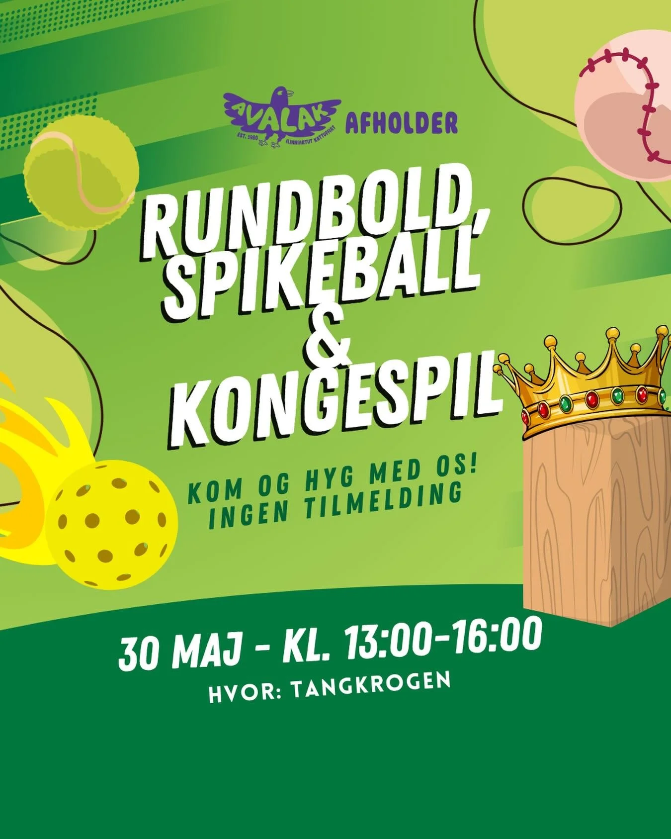☀️ Kom og v&aelig;r med til en hyggelig eftermiddag p&aring; Tangkrogen!

Vi spiller rundbold, spikeball og kongespil &mdash; og vigtigst af alt hygger vi os 😄

📍 Lokation: Tangkrogen
🕐 Tid: 13:00&ndash;16:00

Du kommer bare, n&aring;r det passer 