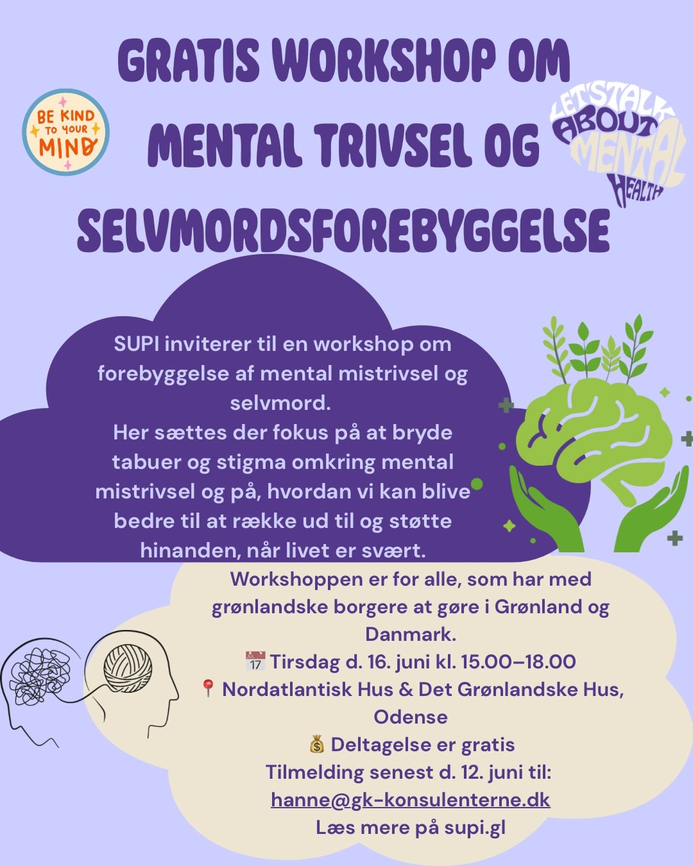 Kom til SIPU&rsquo;s workshop om mental trivsel og selvmordsforebyggelse ❤️&zwj;🔥 

Det er gratis, og du f&aring;r viden og redskaber, der kan g&oslash;re en forskel for b&aring;de dig selv og andre 💜