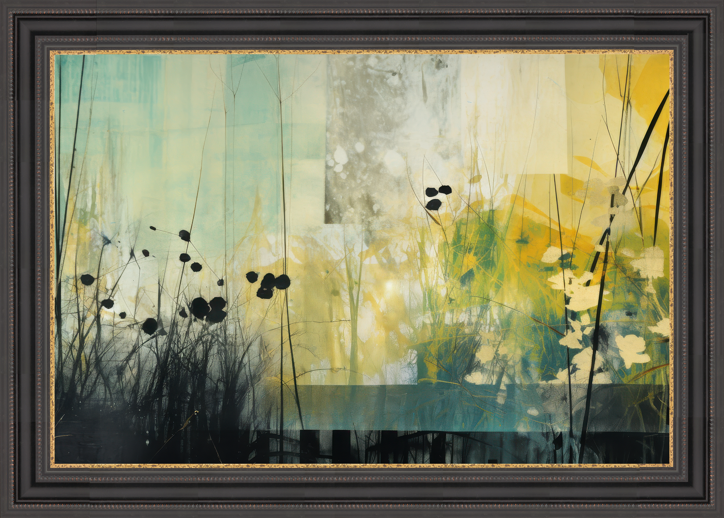 Abstract landscape painting featuring grasses, plants, and flowers in shades of green, yellow, and black with textured background, framed in ornate black with gold accents.