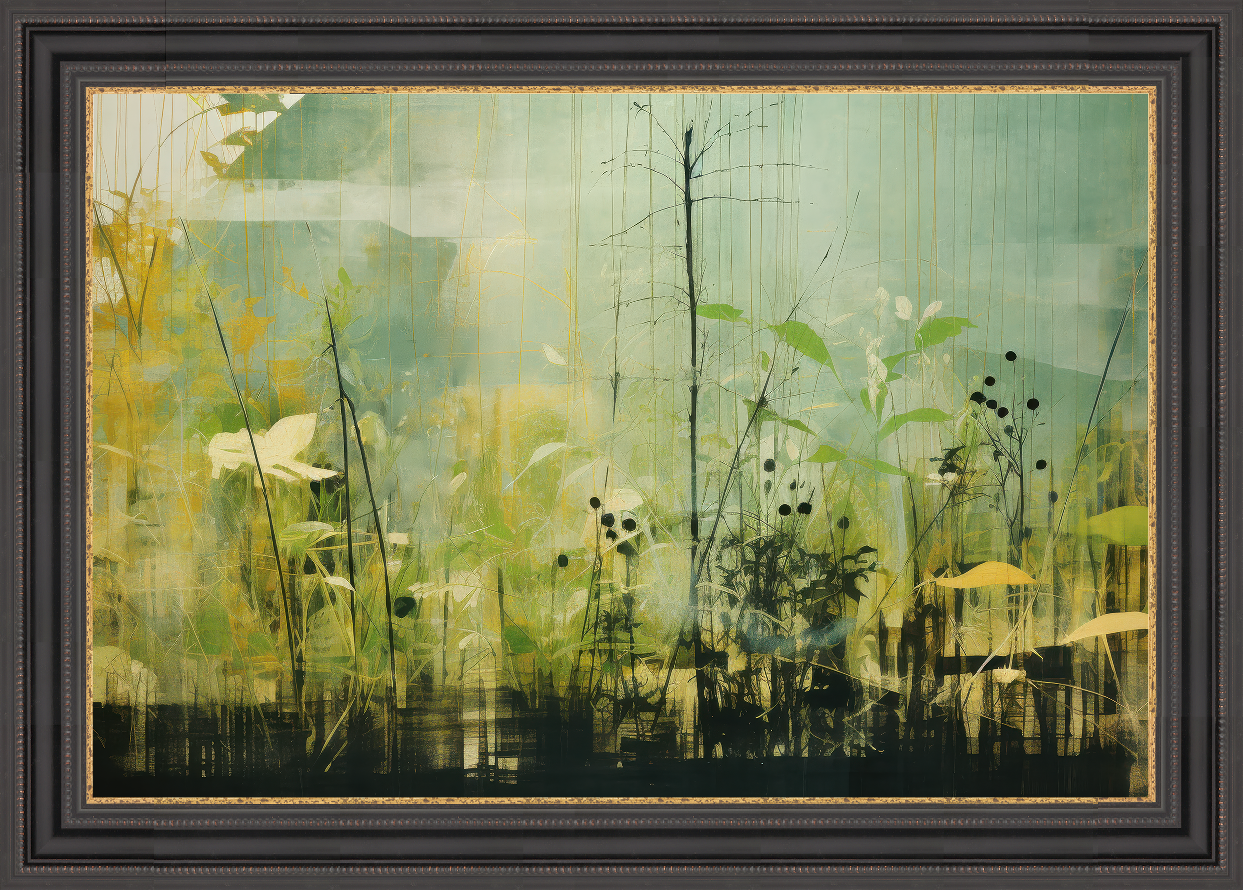 A framed abstract painting of a lush green forest scene with various plants, leaves, and small black berries, using soft pastel and dark tones.