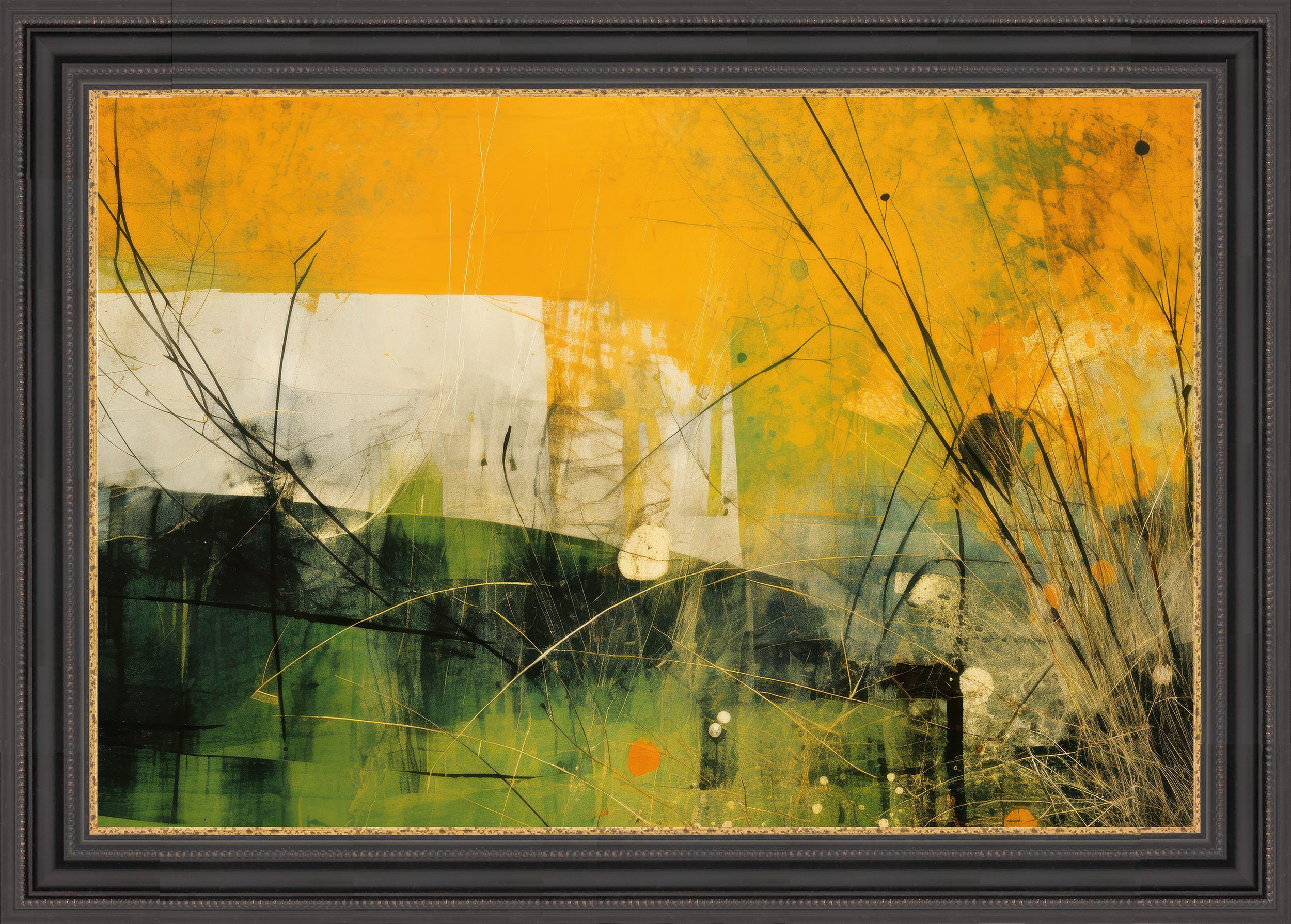 Abstract landscape painting with orange, yellow, green, and black colors, depicting trees, grass, and sky.