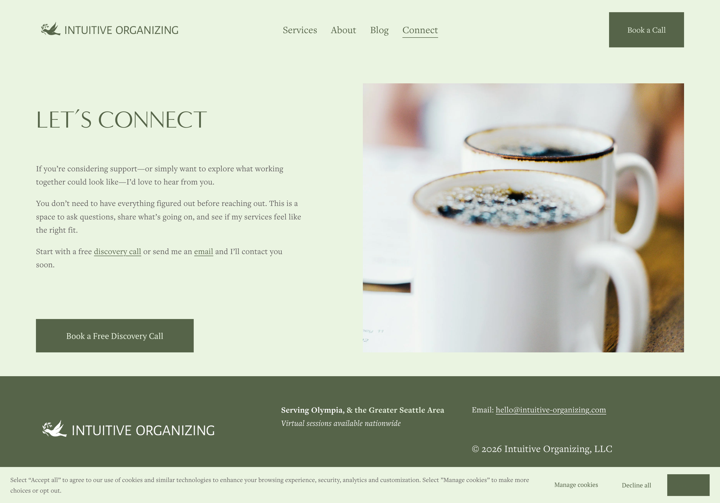 Minimal, human-centered website design for a life transition coach and organizer, built to feel supportive and easy to navigate.