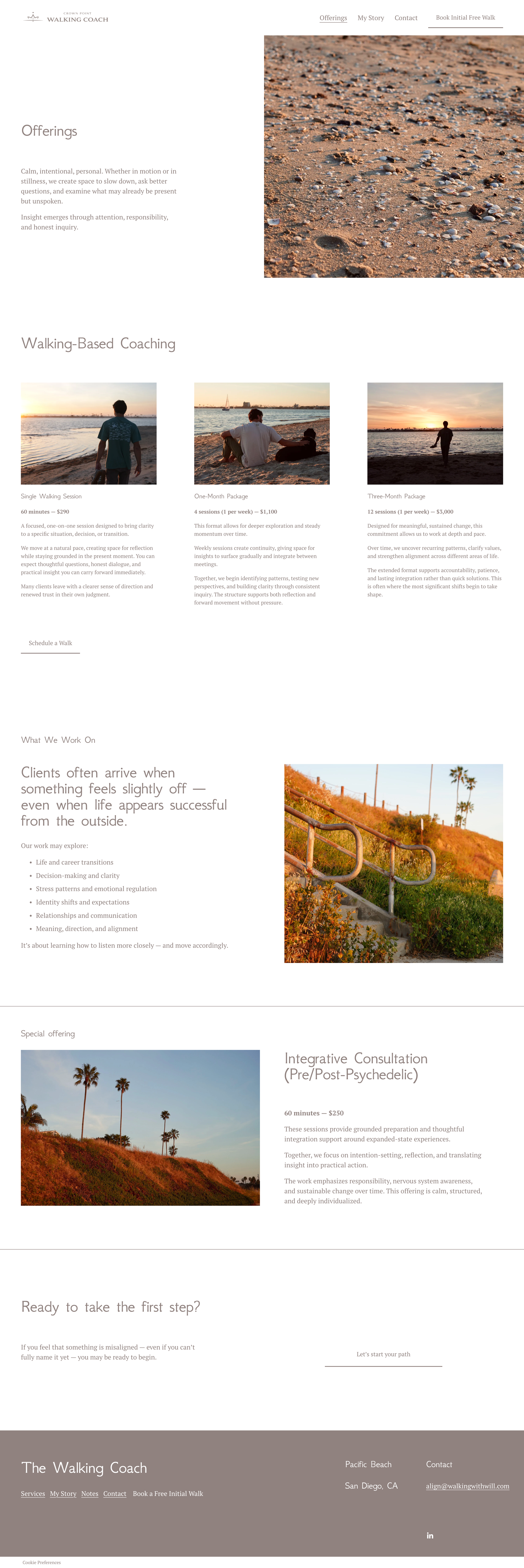 A minimalist, high-trust website designed for Walking With Will to reflect his calm coaching presence and walking-based philosophy.