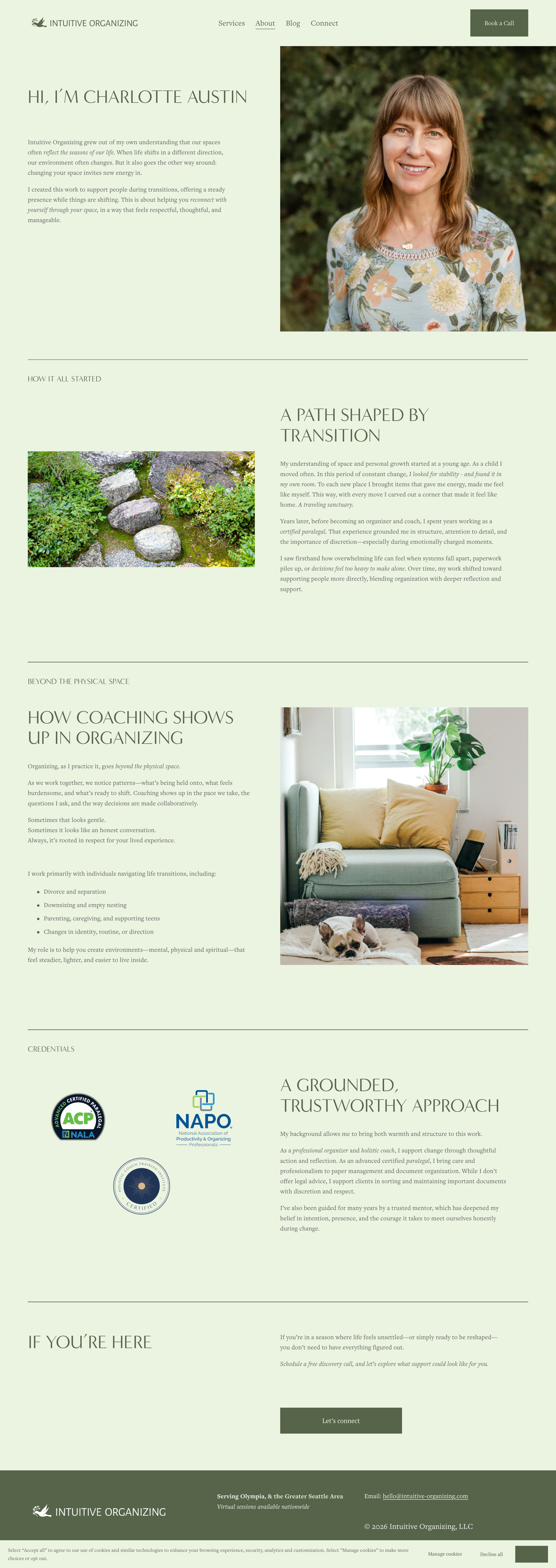 Portfolio project: a calming website for a coaching and organizing practice, featuring blog, scheduling, and client onboarding flow.