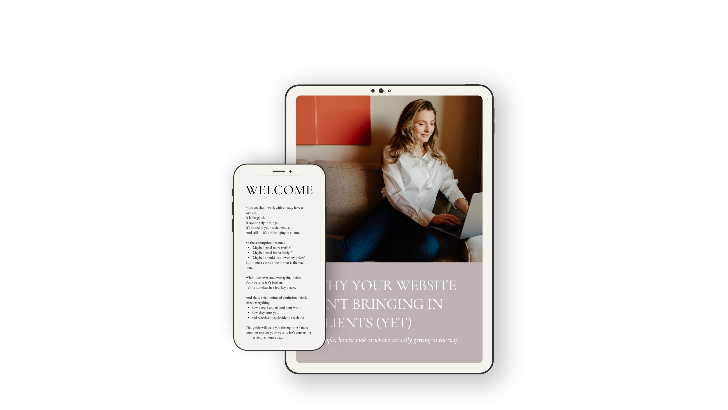 A woman sitting on a couch using a laptop, with a smartphone displaying a welcome message and a website on a tablet in front of her.