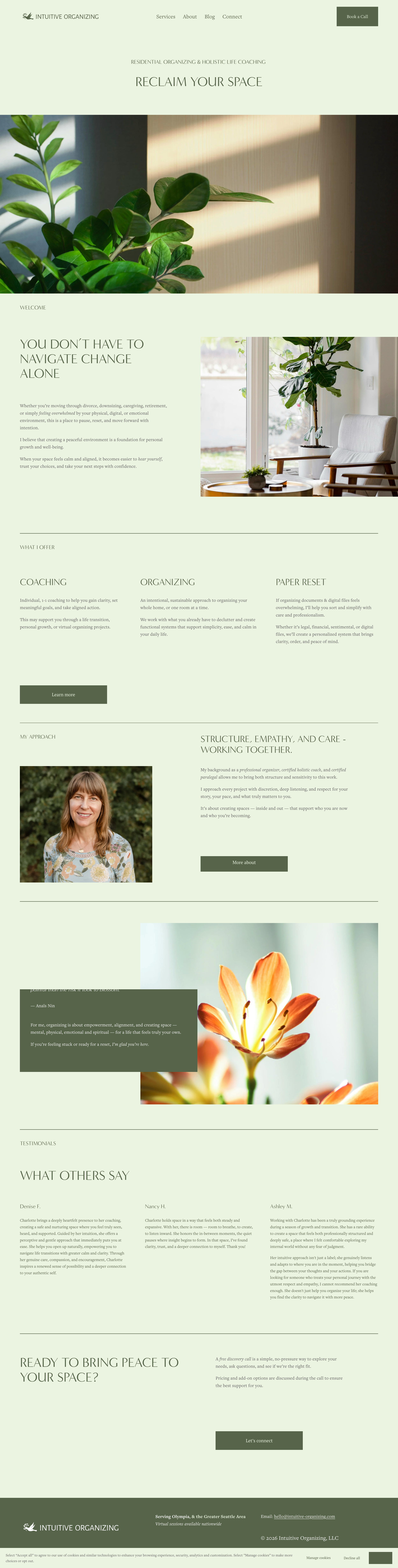 Website design for a holistic organizing and coaching business, focused on life transitions, simplicity, and a warm client experience.