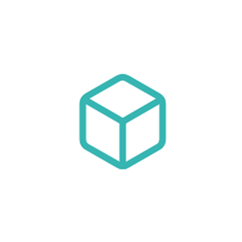 Icône d'un cube stylisé en ligne turquoise sur fond blanc.