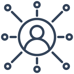Représentation d'un réseau ou d'un lien social avec une figure humaine centrale reliée à plusieurs points.
