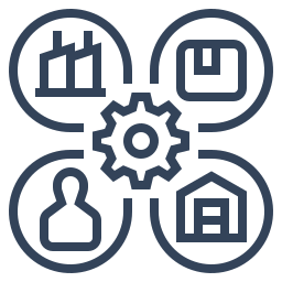 Icônes représentant une usine, un carton, une personne, un ordinateur portable, et un engrenage, connectés par un cercle central.