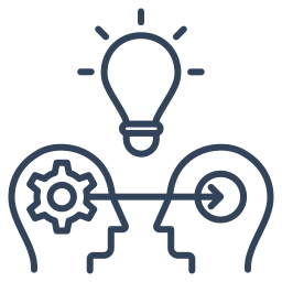 Schéma illustrant un processus de partage d'idées ou de collaboration entre deux profils, avec une ampoule au-dessus symbolisant une idée ou une innovation.