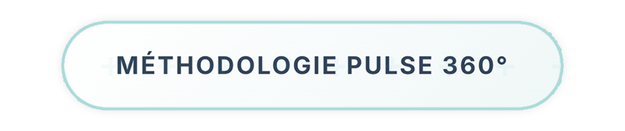 Bannière avec le texte 'Méthodologie Pulse 360°' sur fond blanc et contour bleu clair.