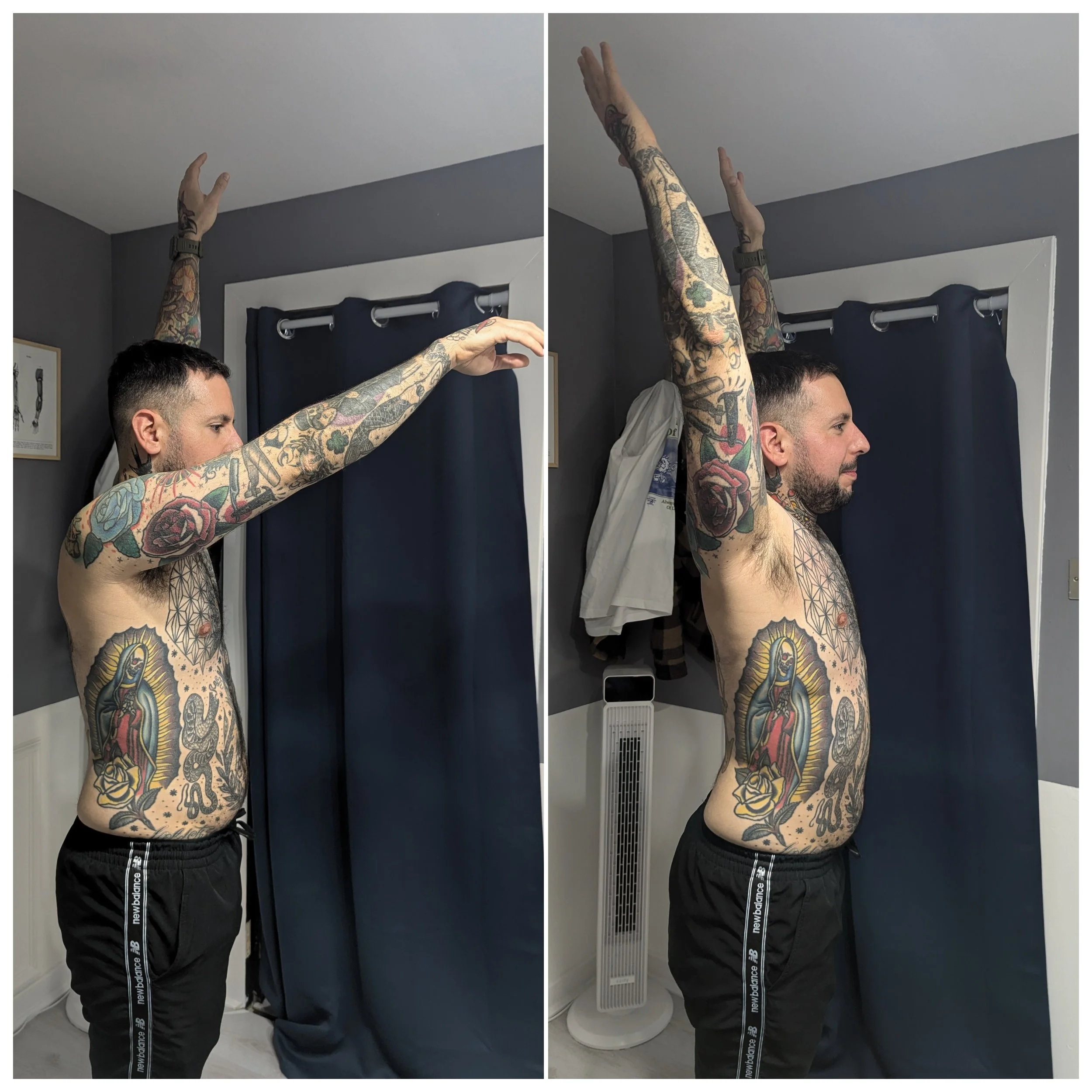 Side-by-side photos of a tattooed man stretching his arms above his head in a room with dark blue curtains and gray walls.