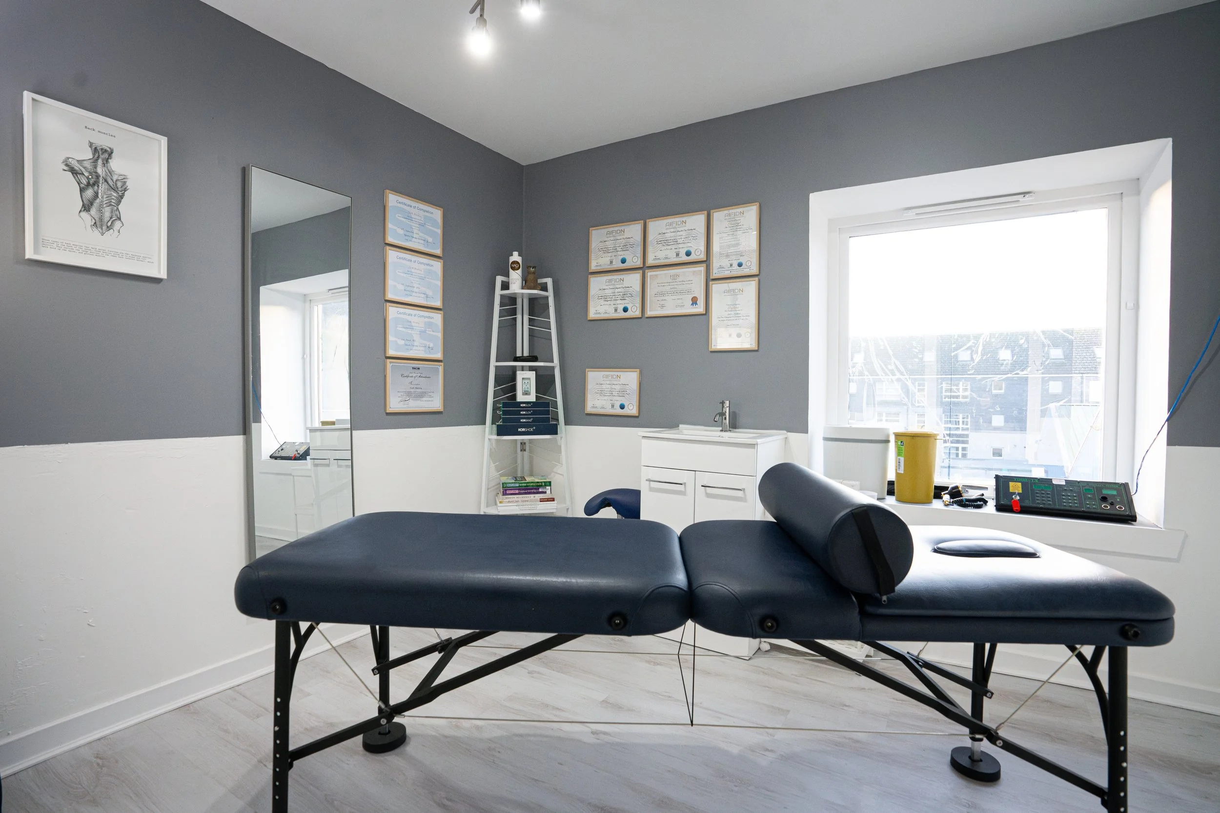 A chiropractic examination room with a massage table, framed certificates on the wall, a mirror, a white cabinet under a window, and a ladder shelf with books and decor. Natural light from the window illuminates the space.