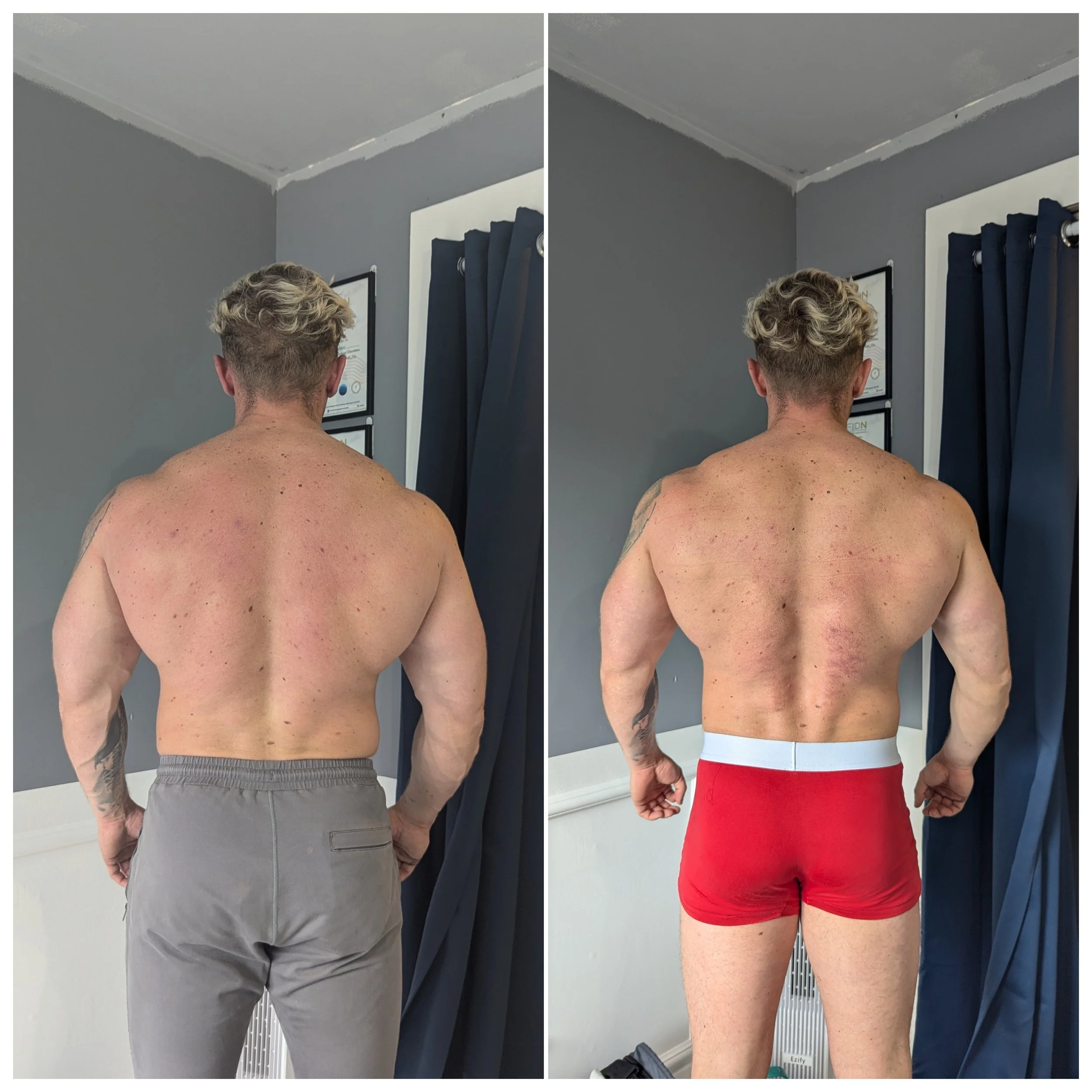 Side-by-side comparison of a shirtless man showing before and after back muscle development, with the man facing away from the camera in front of a gray wall and blue curtains.