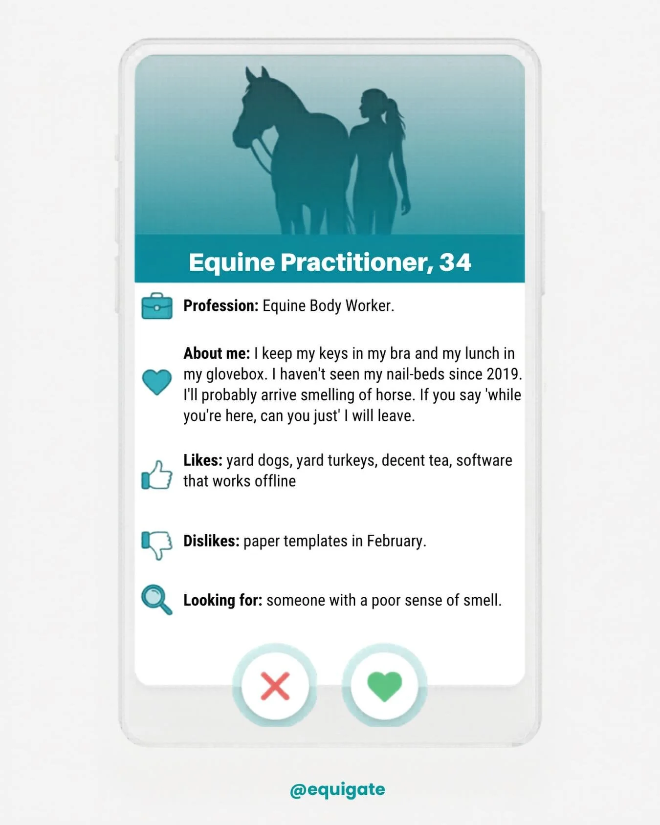 If equine practitioners had to write an honest dating app bio. I&rsquo;ve drafted mine 😅

Anyone who&rsquo;s properly dated an equine practitioner has known they&rsquo;ve been dated. Horse hair on the duvet. Conversations interrupted by phone calls 
