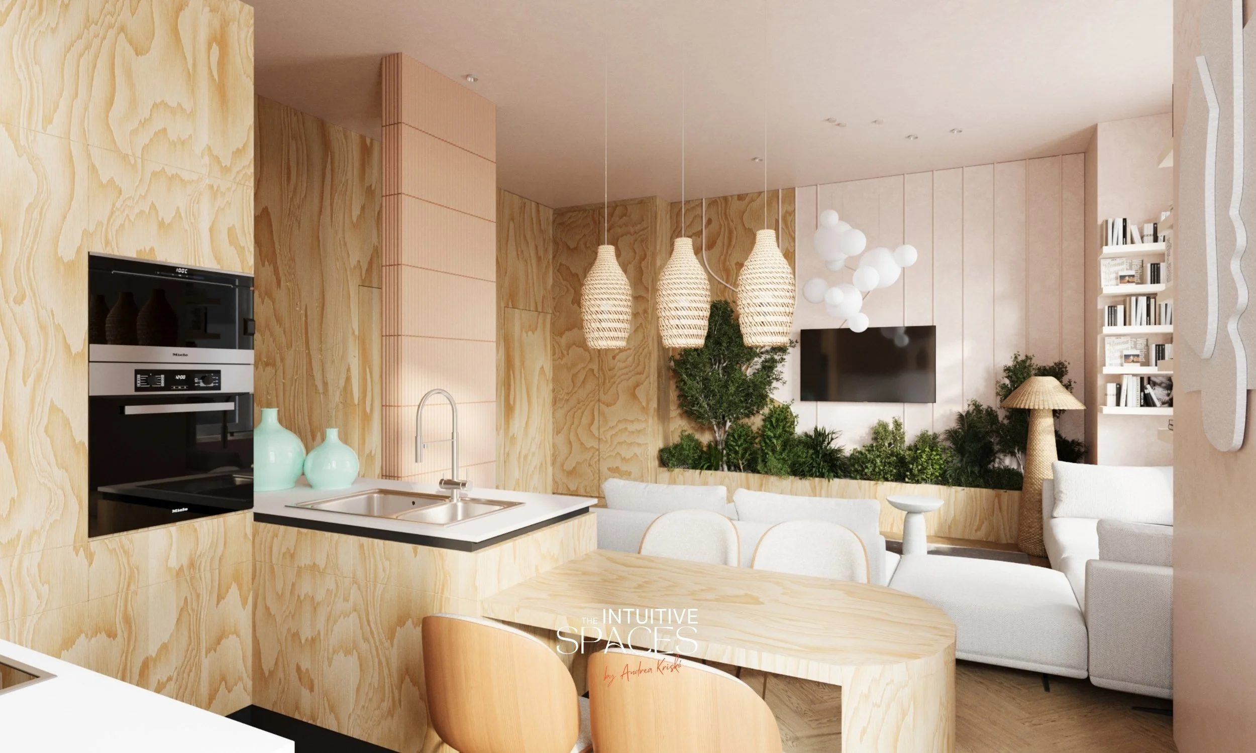 Spatious cozy living room with dining area in Budapest Hungary designed for a private client